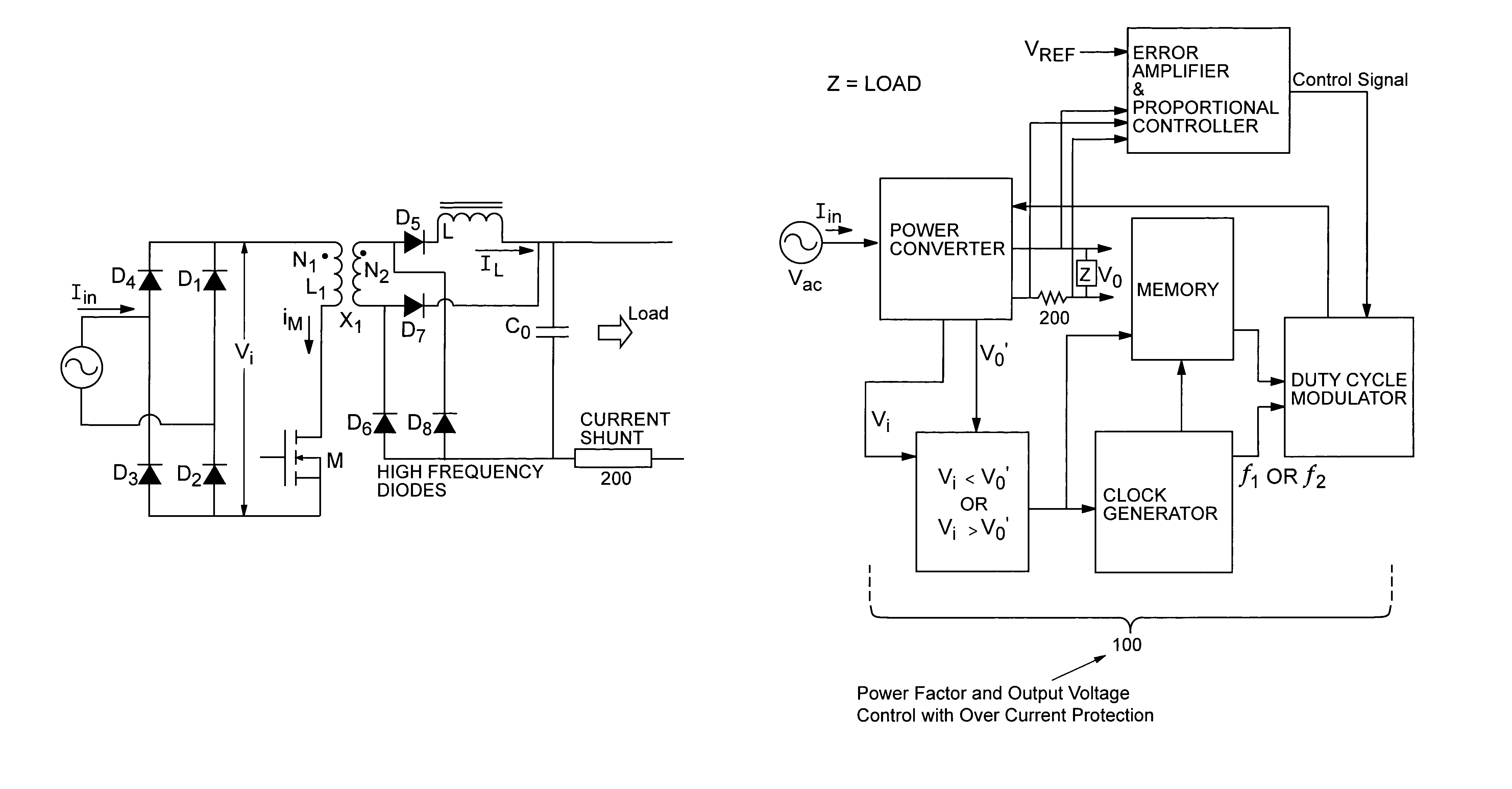 Power converter method and apparatus having high input power factor and low harmonic distortion