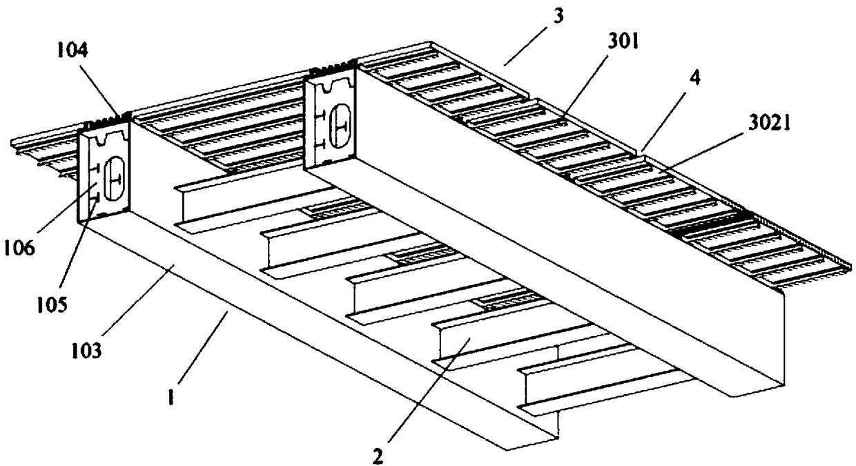 A composite girder bridge with few main girders using prefabricated composite bridge deck and its construction method