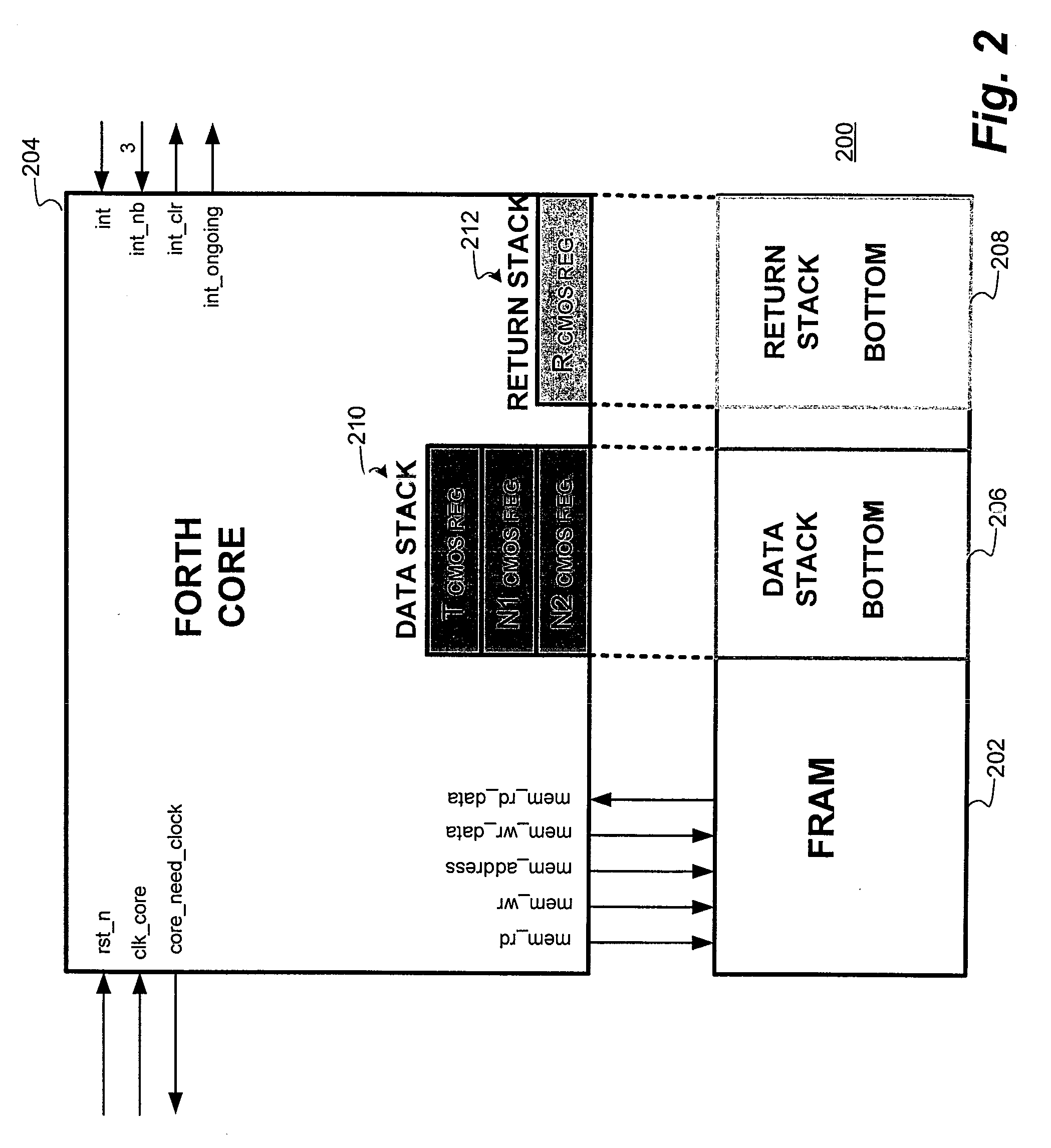 Stack processor using a ferroelectric random access memory (f-ram) for code space and a portion of the stack memory space having an instruction set optimized to minimize processor stack accesses