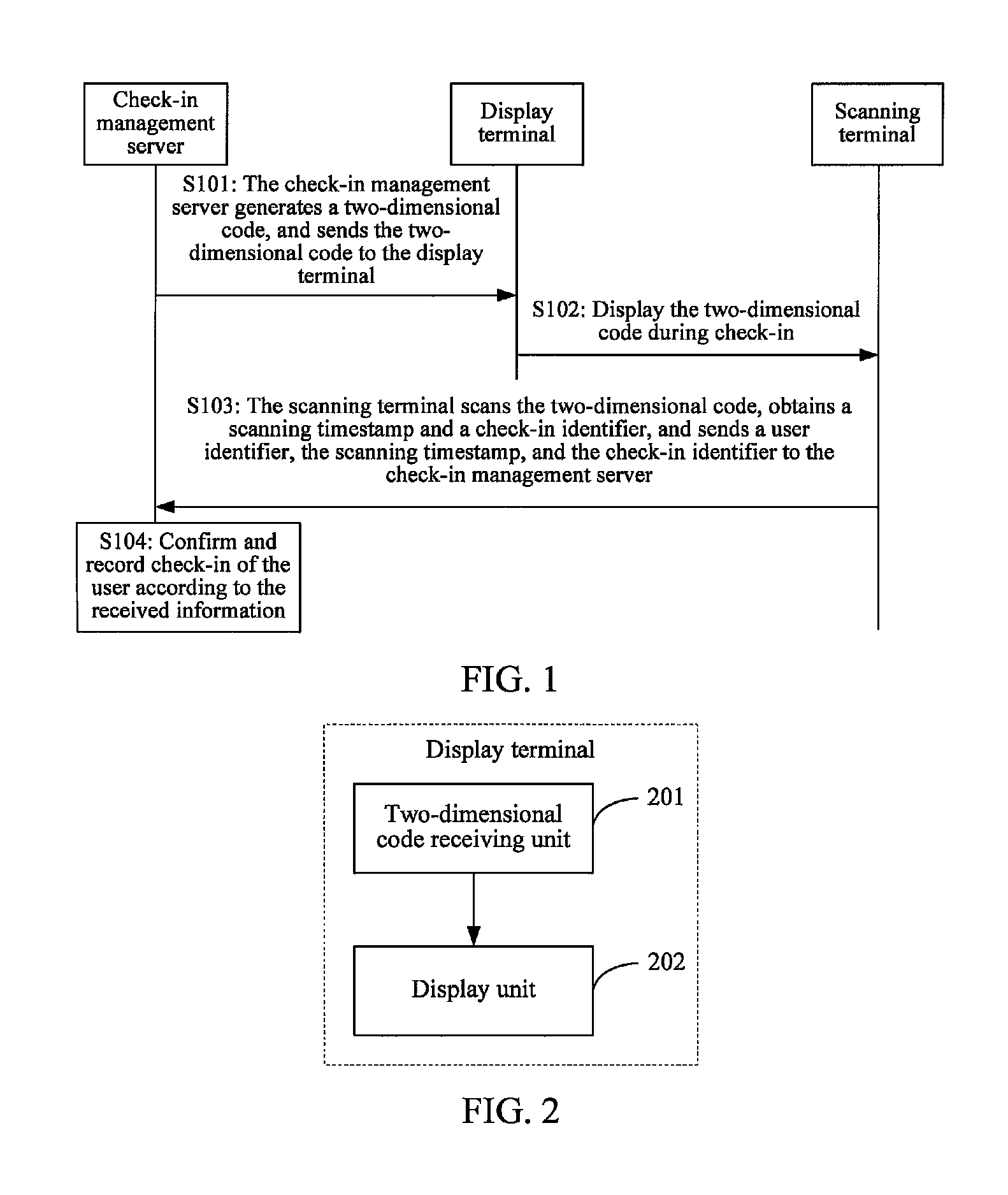 Check-in method and system based on two-dimensional code, scanning terminal, and display terminal