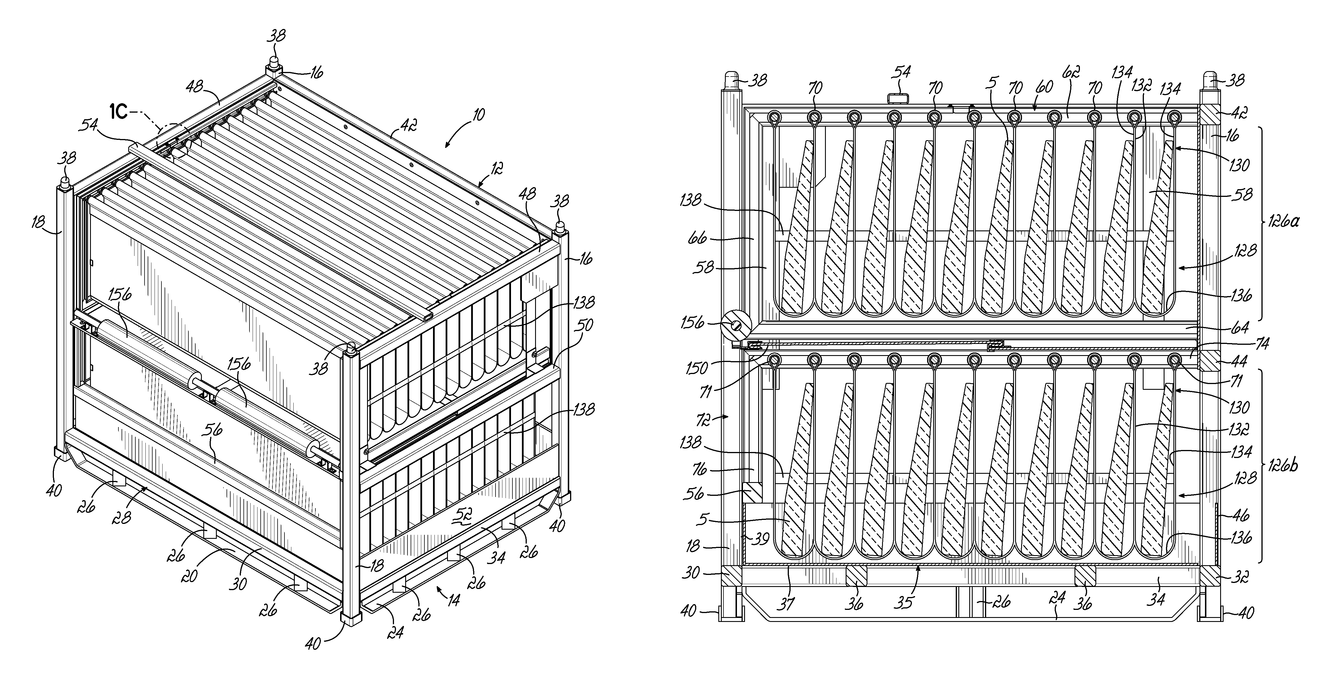 Container having non-linear and linear tracks for supporting movable dunnage