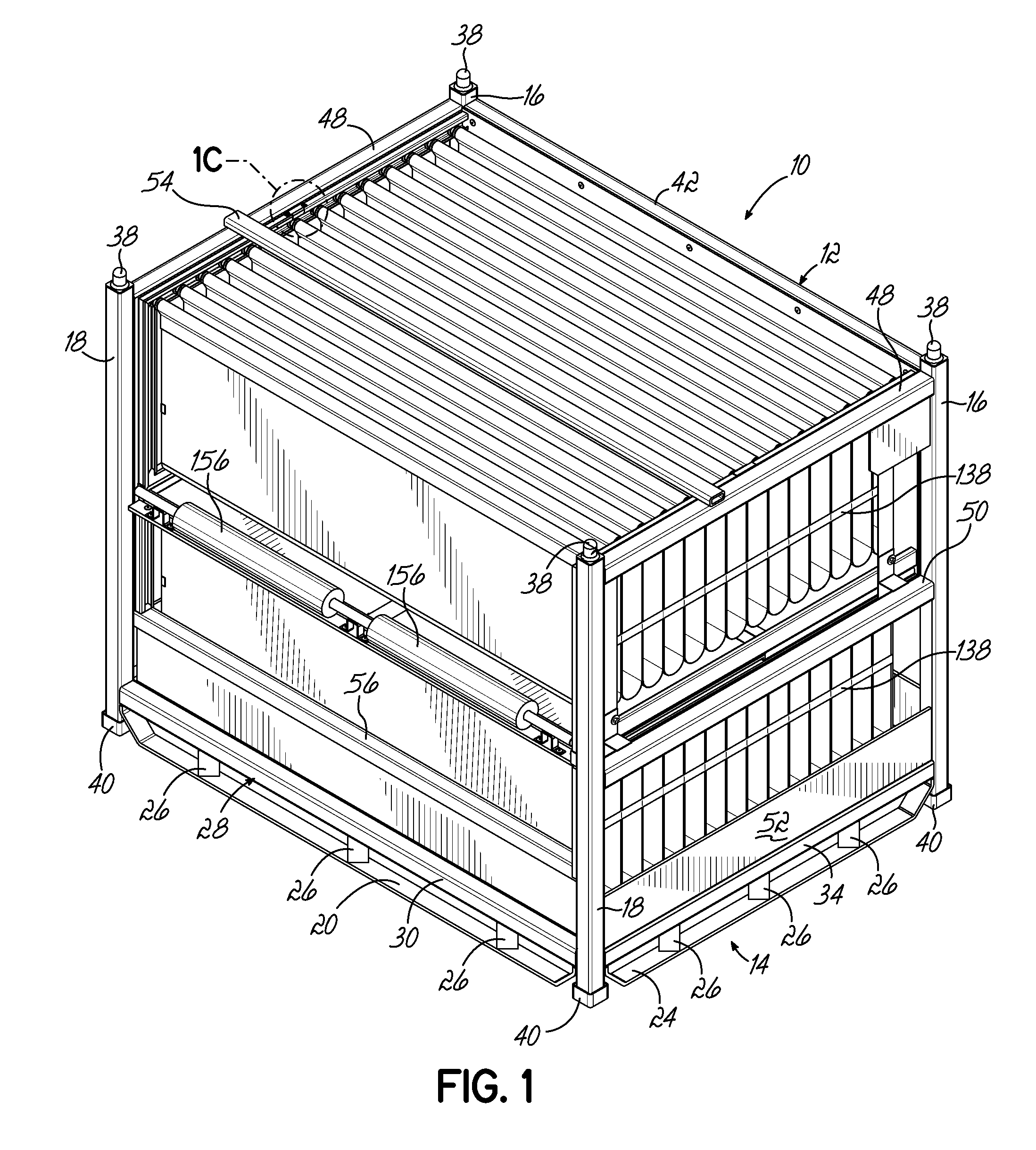 Container having non-linear and linear tracks for supporting movable dunnage