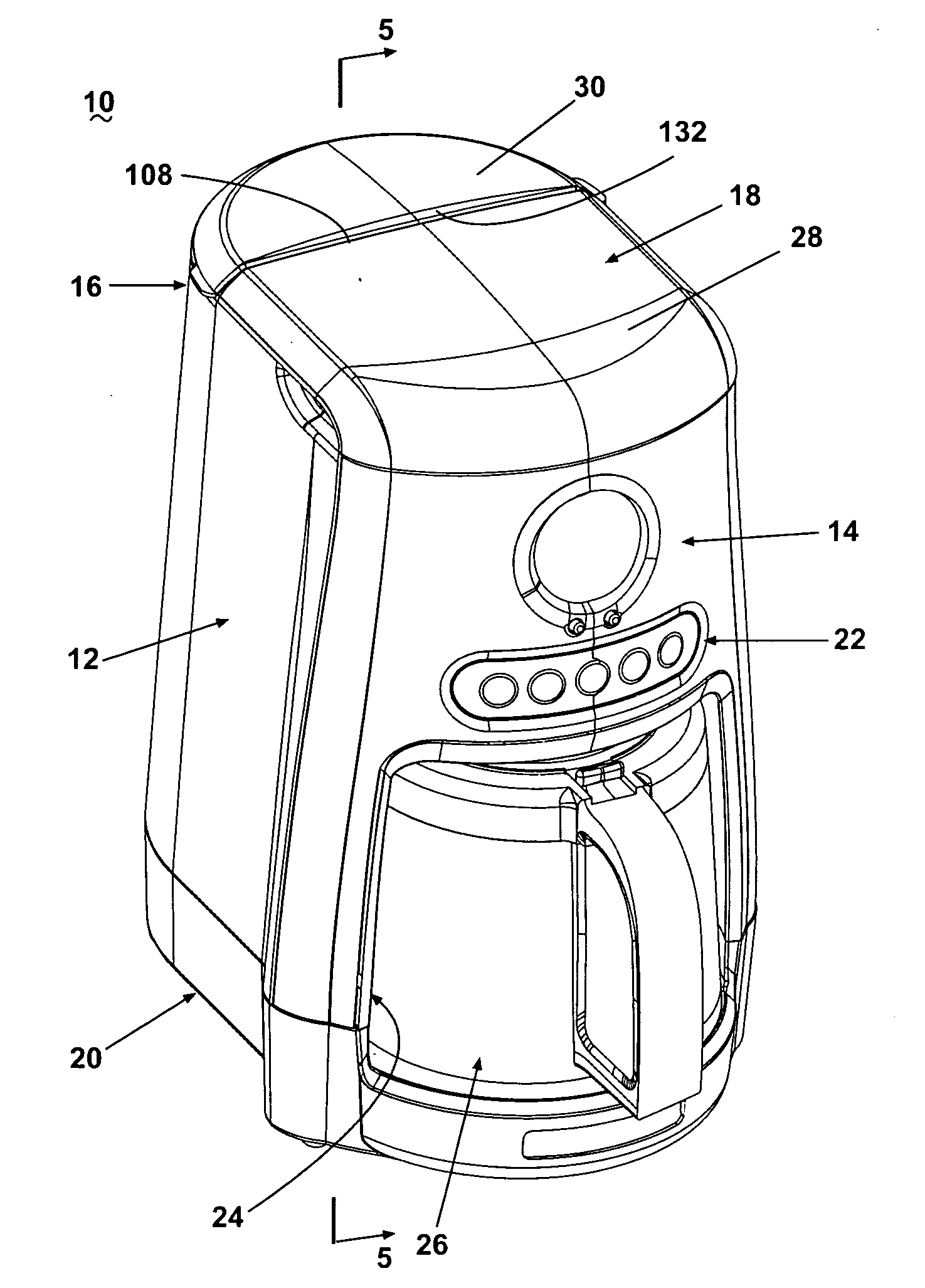 Top load coffee maker with front access water reservoir