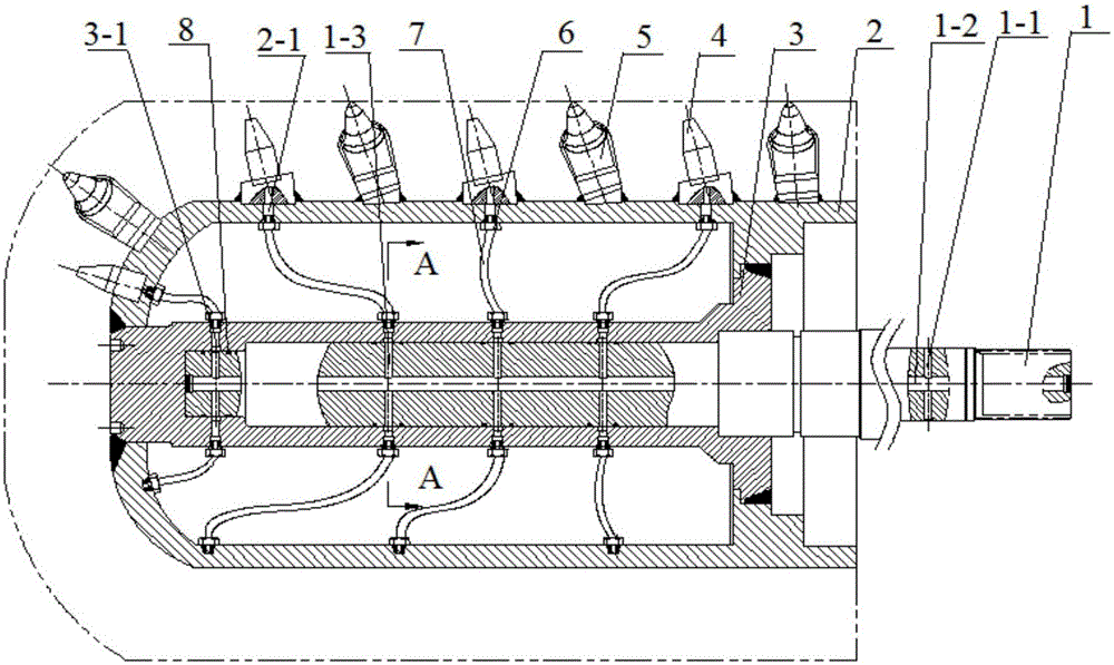 Pre-fixing abrasive and water jet united cutting tooth type roller of coal mining machine