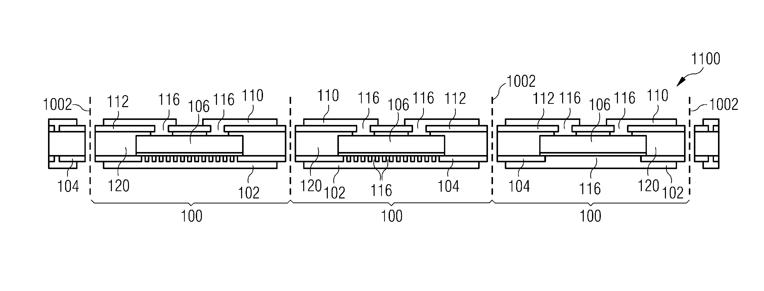 Chip assembling on adhesion layer or dielectric layer, extending beyond chip, on substrate