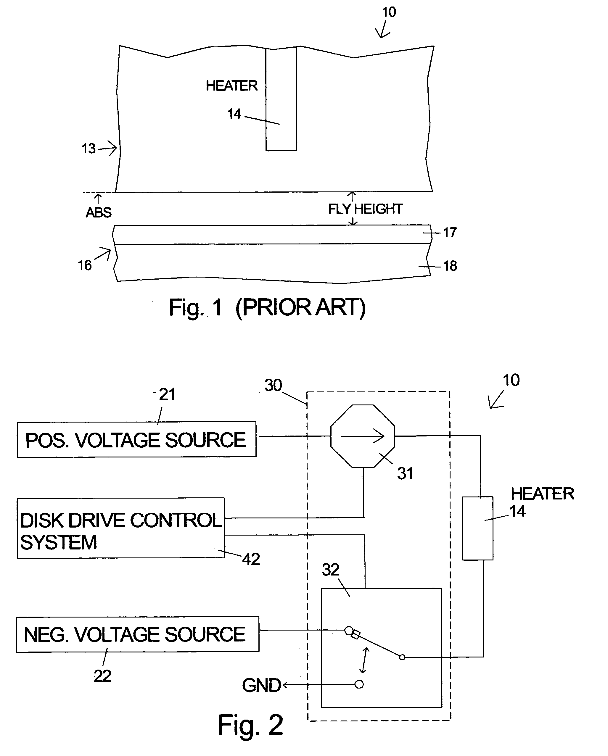 Disk drive with selectable power source for heater in a slider