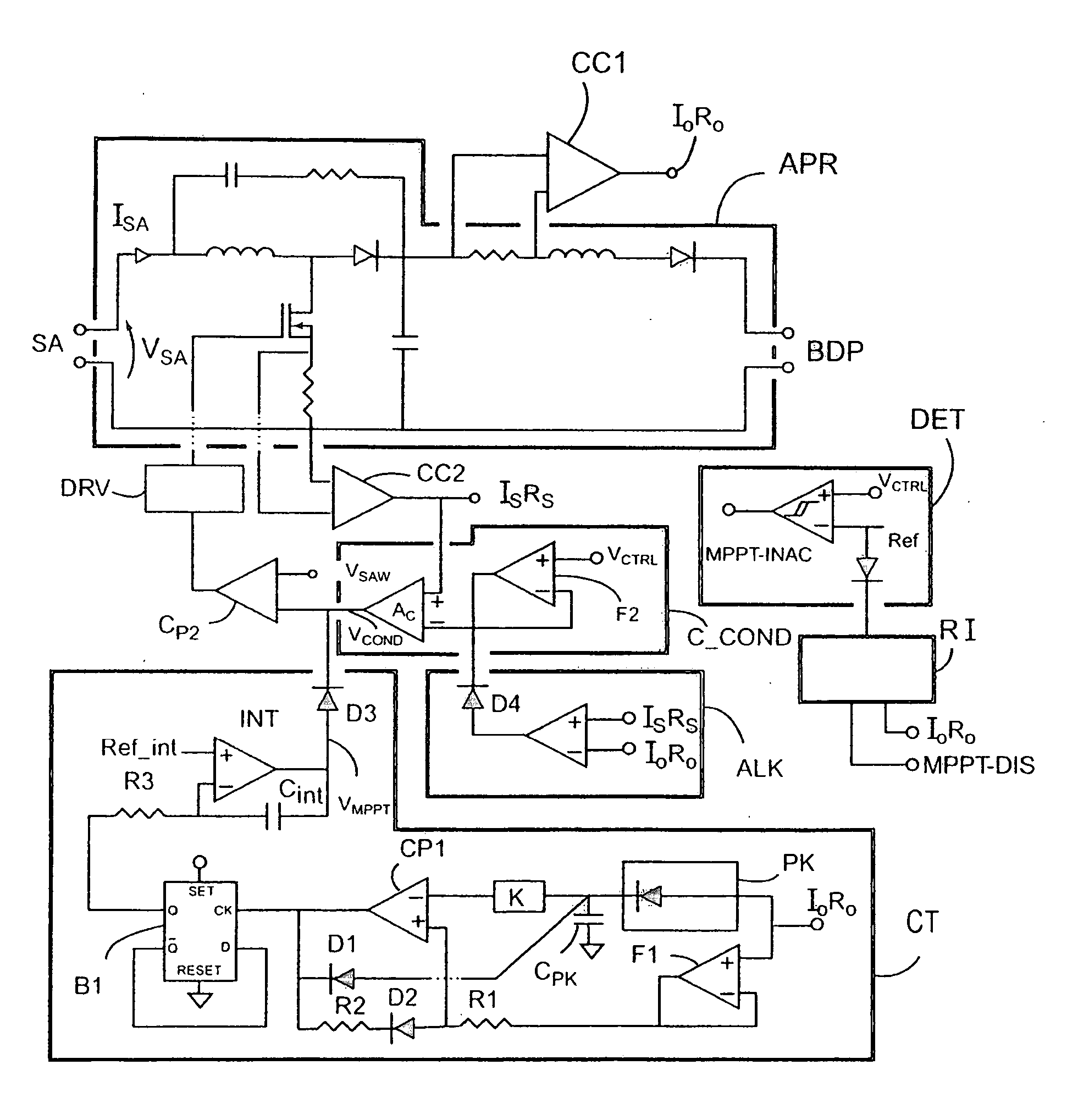 Control circuit for a DC-to-DC switching converter, and the use thereof for maximizing the power delivered by a photovoltaic generator