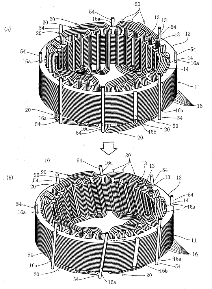 Manufacturing device of stator with skewed slots