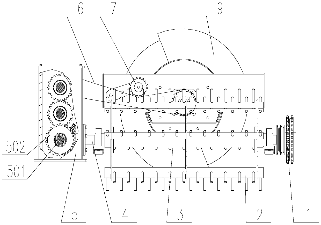 A power transmission system of a cutting and longitudinal flow threshing and separating device