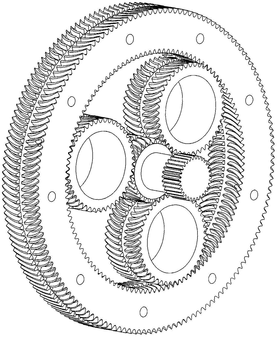 Speed-adjustable double-output herringbone-arc-tooth differential transmission system