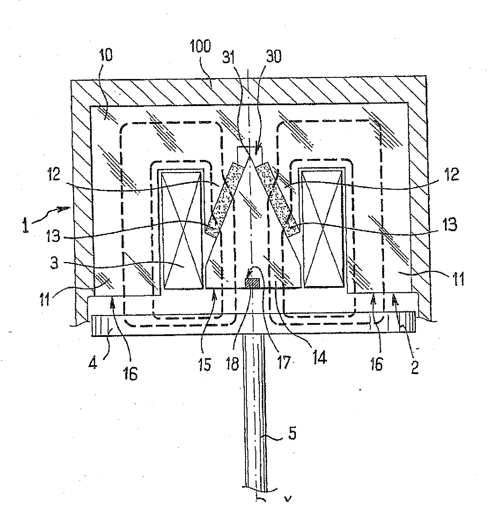 Electromagnetic actuator having permanent magnets placed in the form of a v in an electromagnetically optimized arrangement