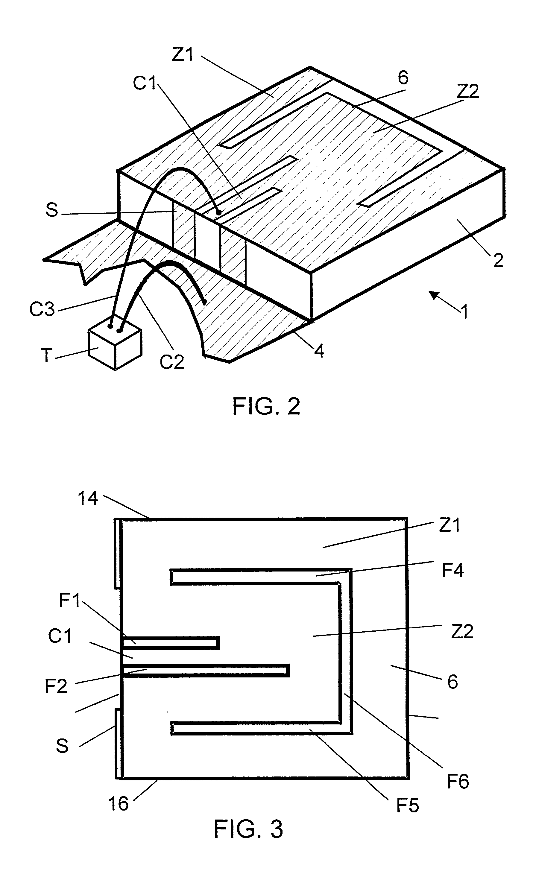 Antenna with a conductive layer and a two-band transmitter including the antenna