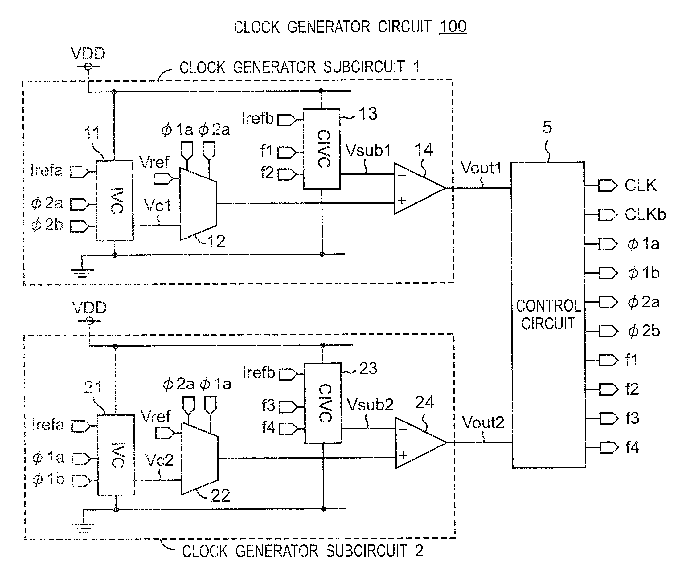 Relaxation oscillator circuit including two clock generator subcircuits having same configuration operating alternately