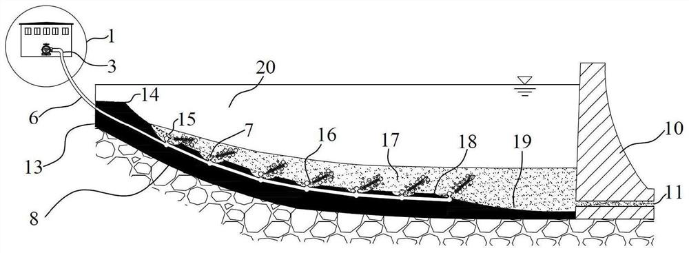 Reservoir desilting method and device using fixing jet flow