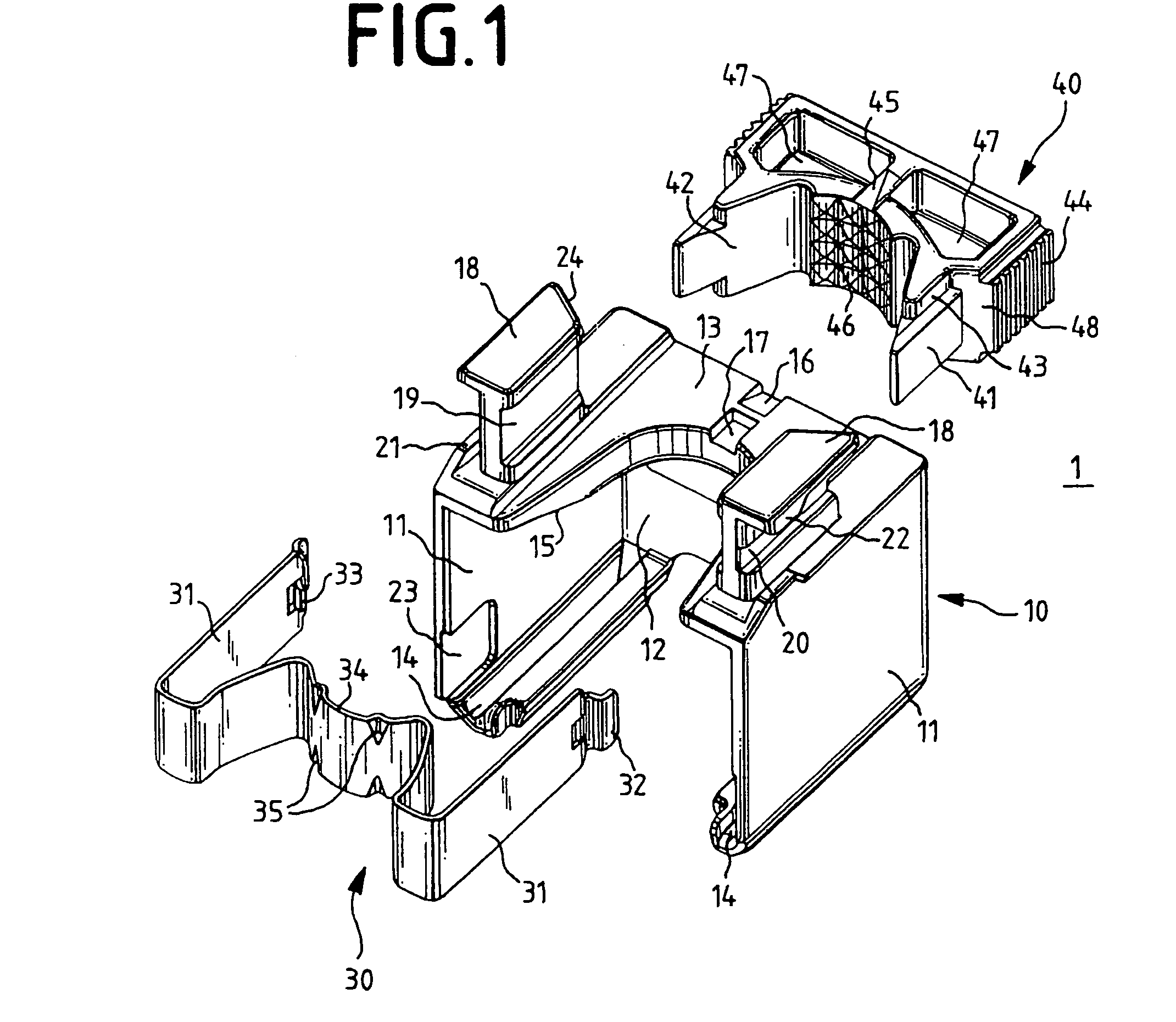 Strain-relief device for a plug-in connection in communications and data systems