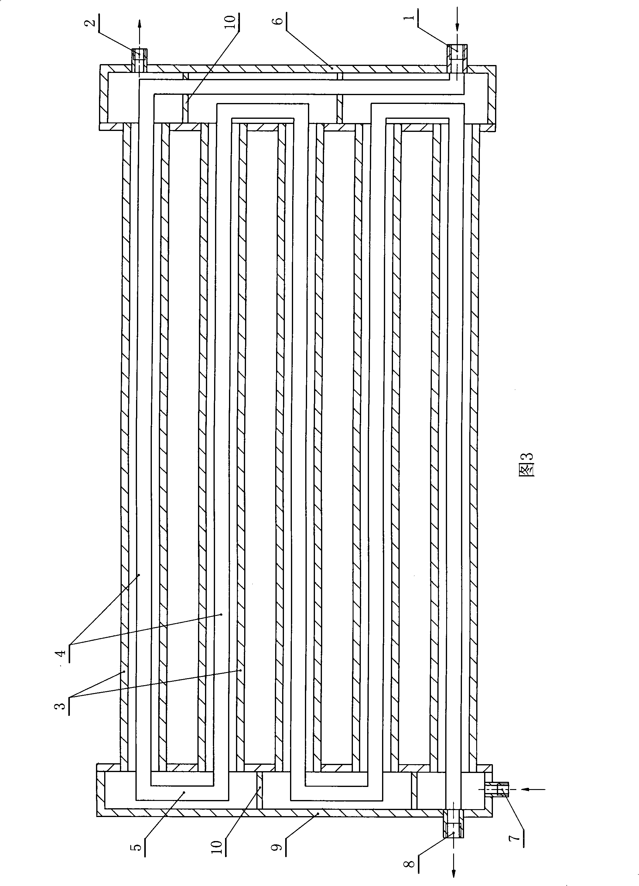 Header shunting heat storage adverse current type heat exchanger