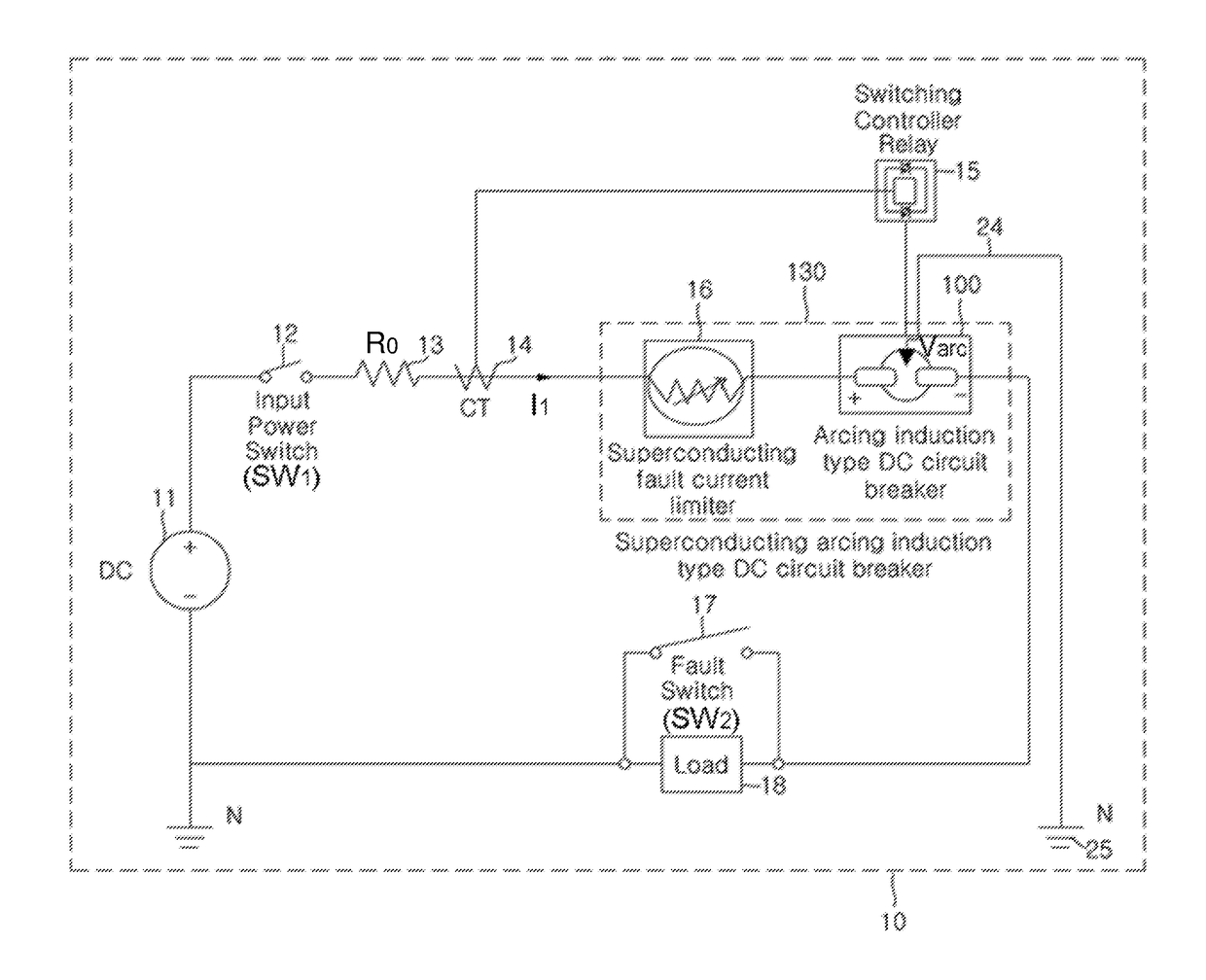 Superconducting DC circuit breaker using arcing induction