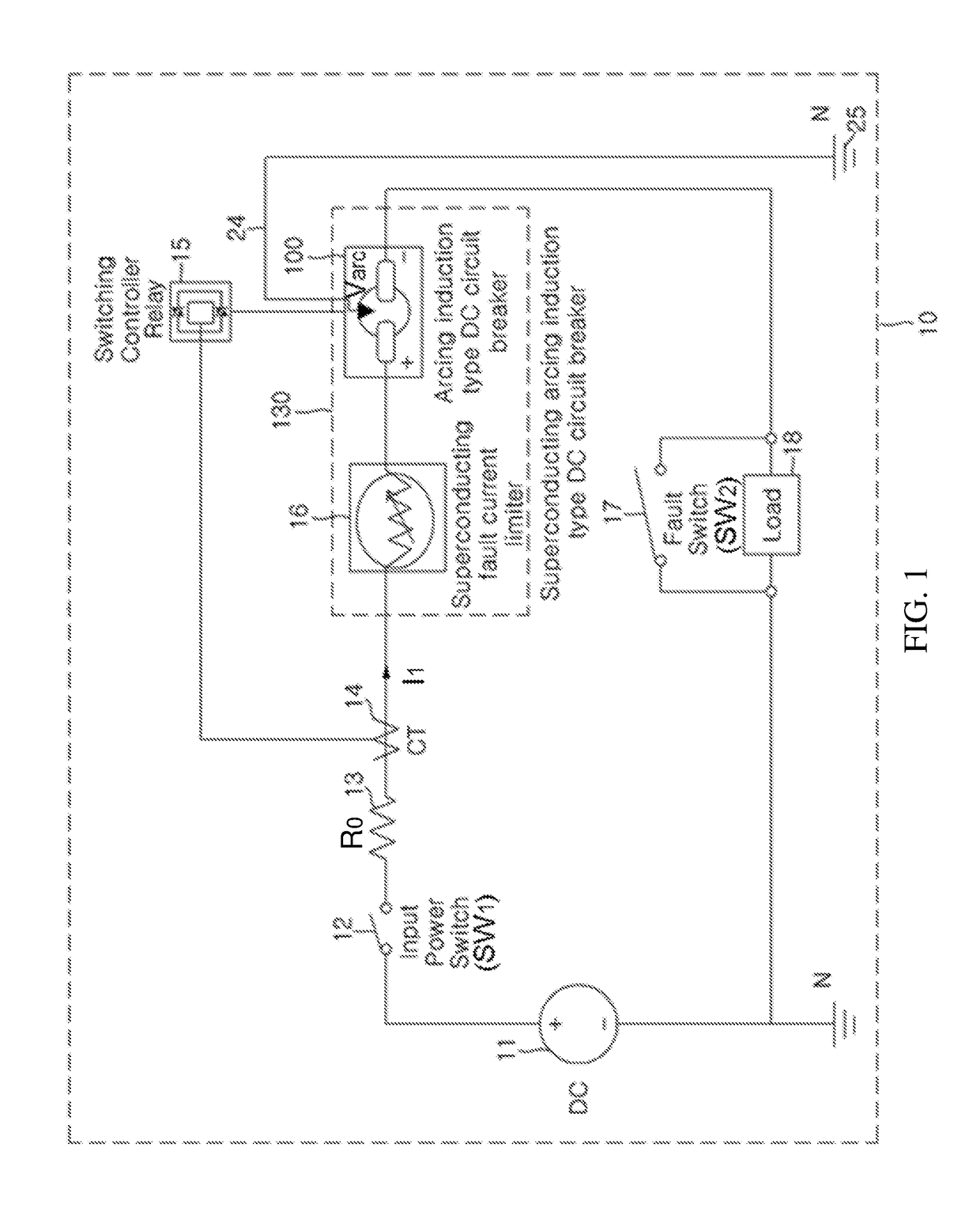 Superconducting DC circuit breaker using arcing induction