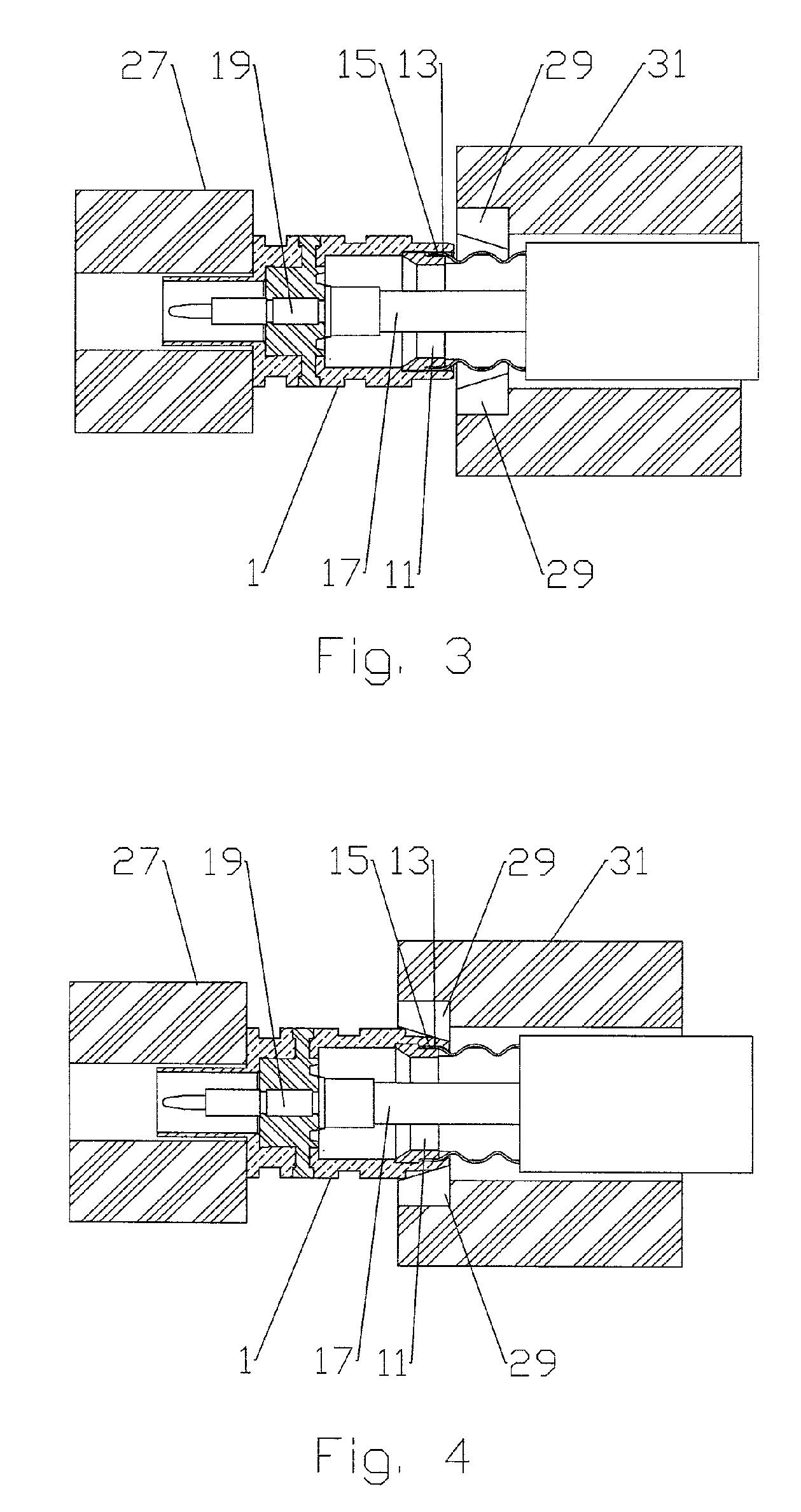 Connector with outer conductor axial compression connection and method of manufacture