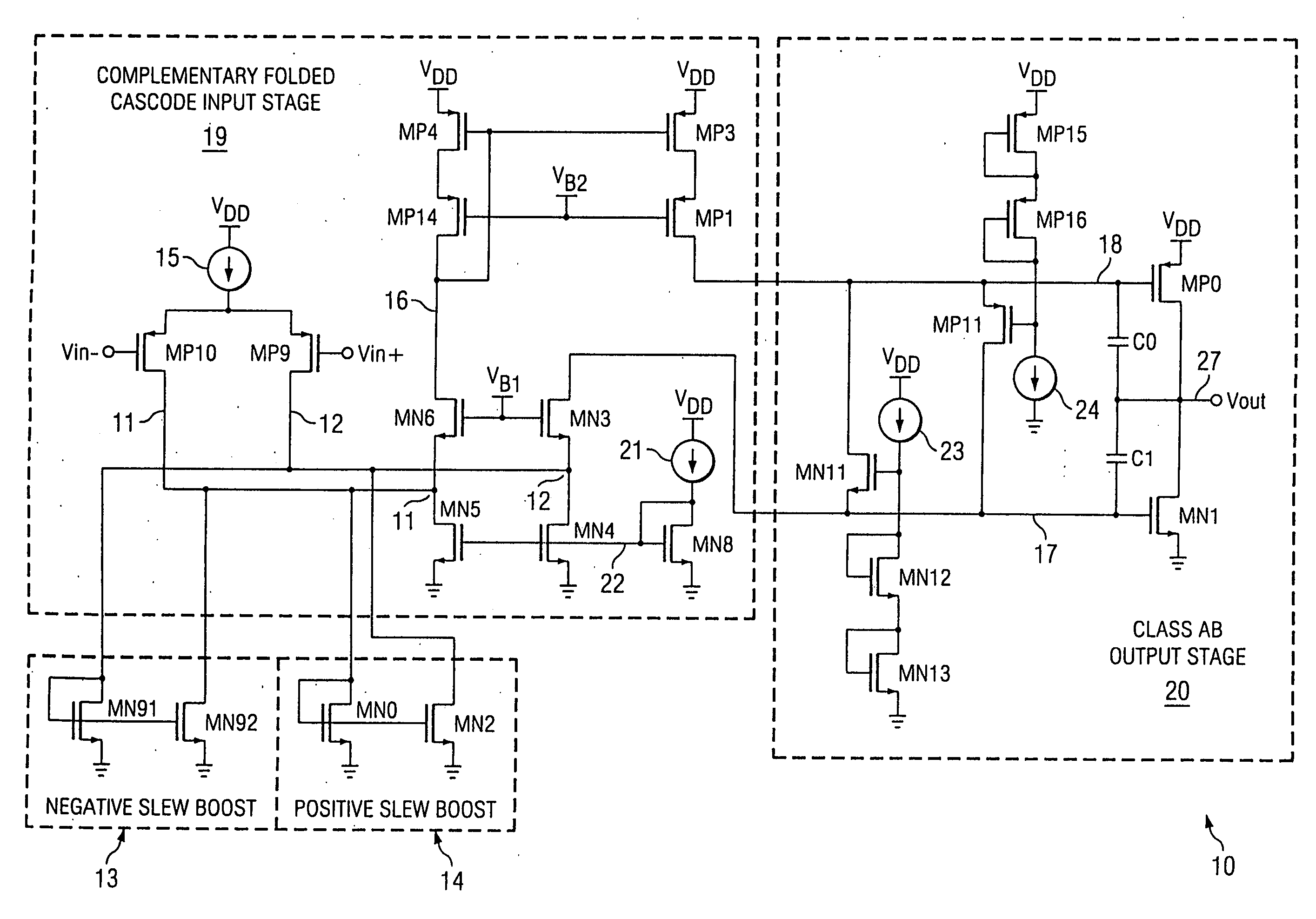 Slew rate enhancement circuitry for folded cascode amplifier