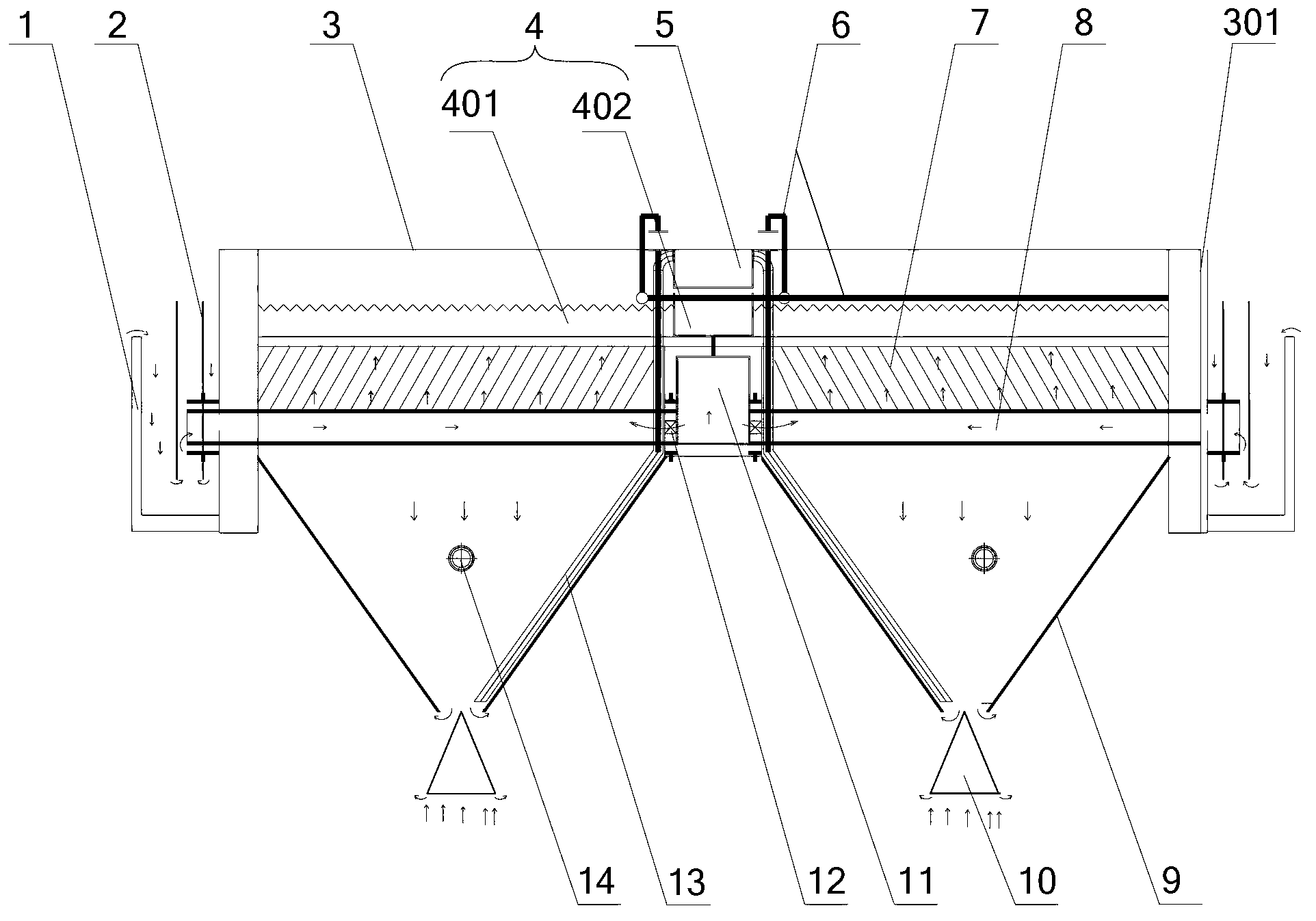 Precipitation device for three-phase sewage separation