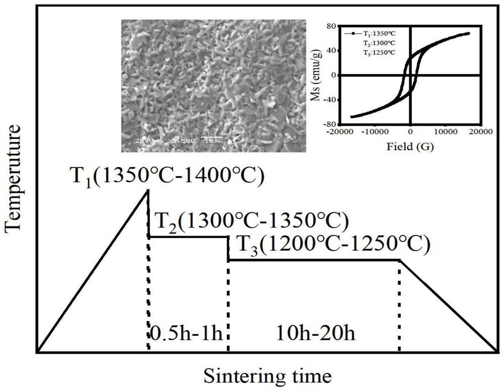 Preparation method for preparing compact small-grain BaFe12O19 ferrite ceramic by three-step sintering method