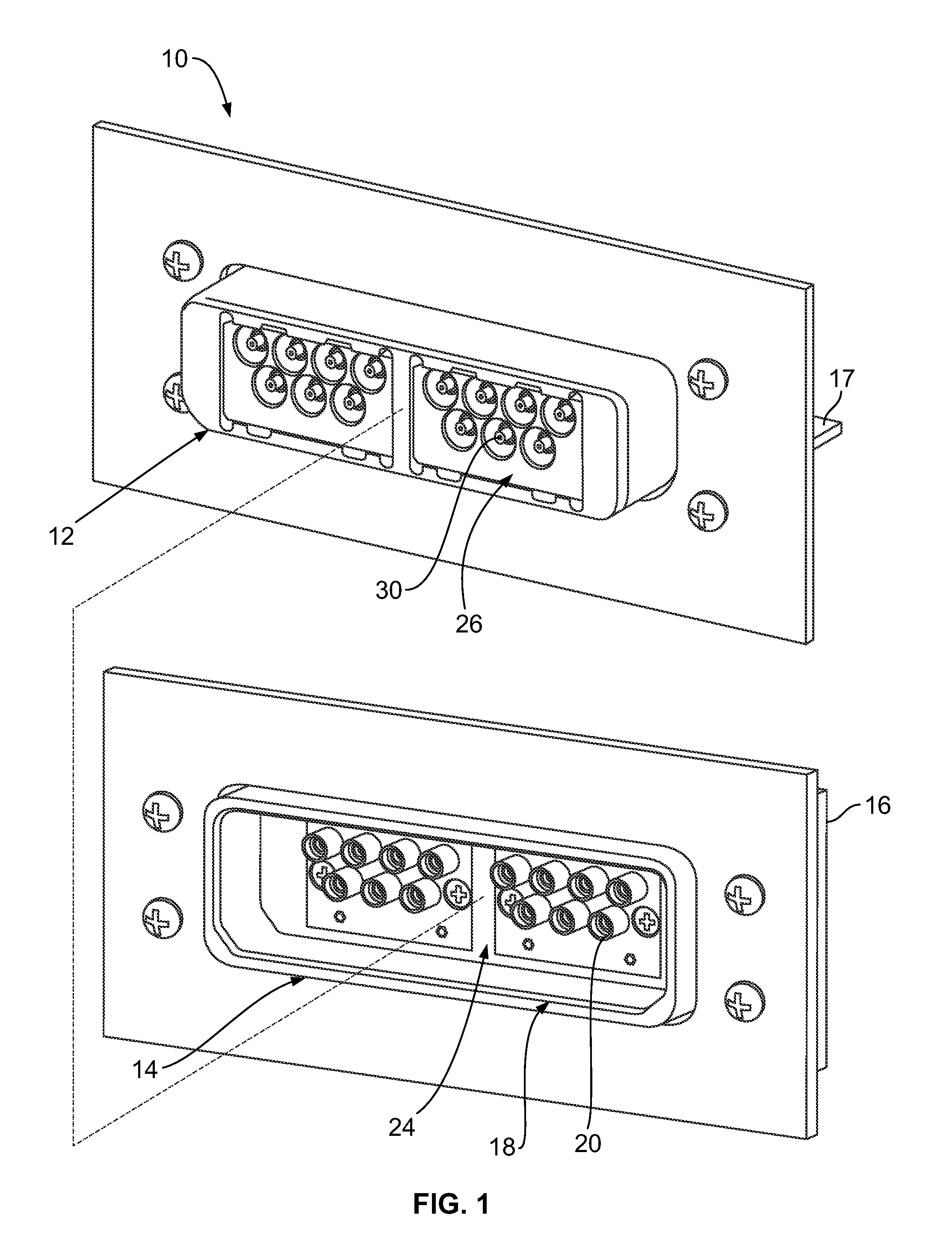 RF module with a housing with spring loaded connectors and a strain relief extending rearward of the housing