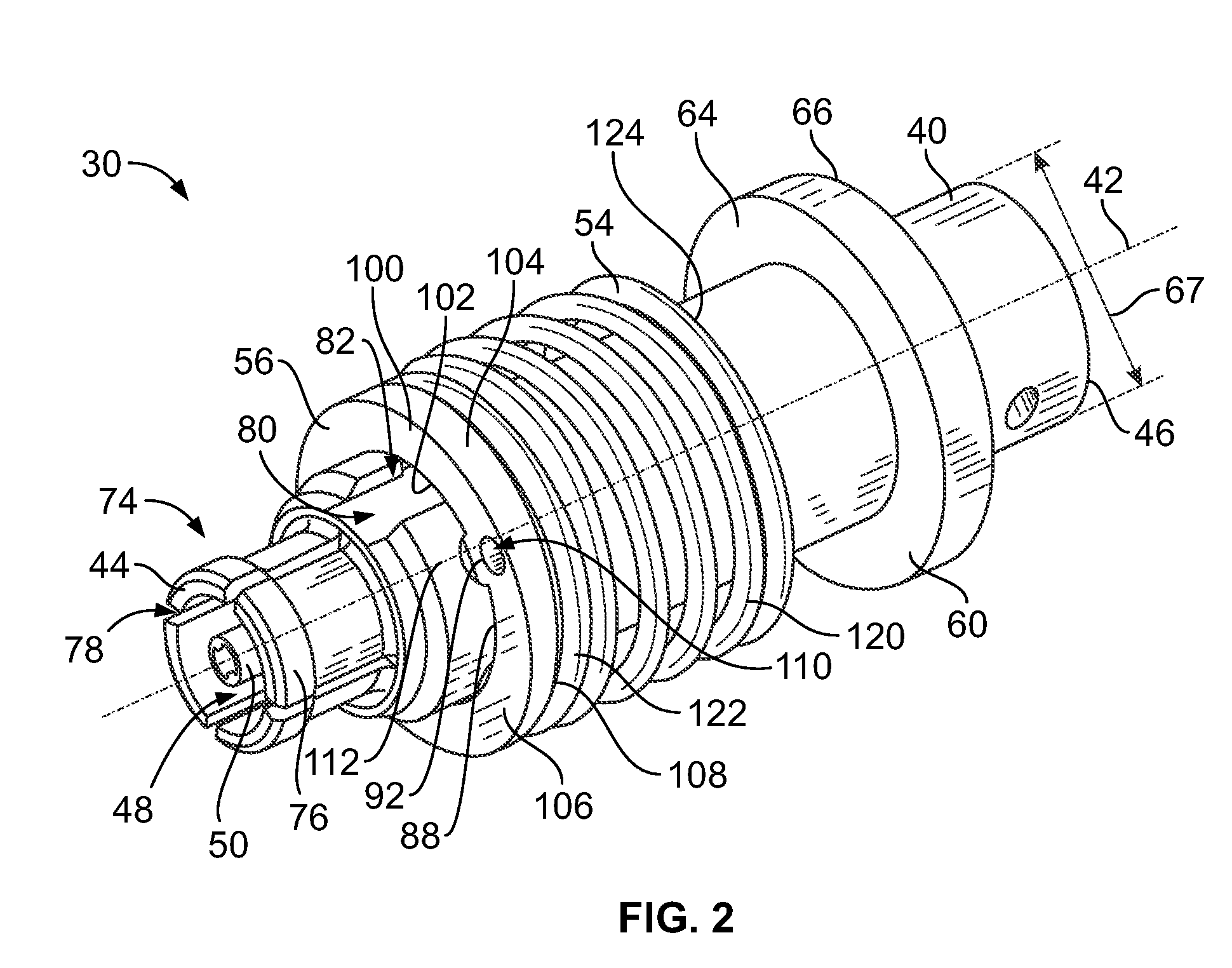 RF module with a housing with spring loaded connectors and a strain relief extending rearward of the housing