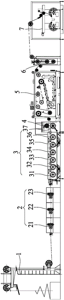 Combined continuous rolling and continuous drawing machine with three sets of double-roller rolling machine and seven die drawing machines