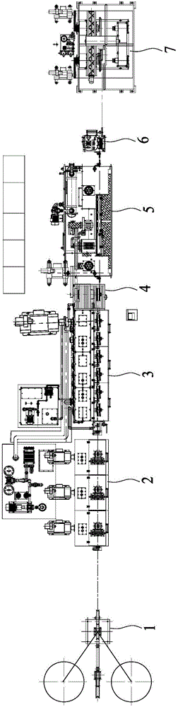 Combined continuous rolling and continuous drawing machine with three sets of double-roller rolling machine and seven die drawing machines