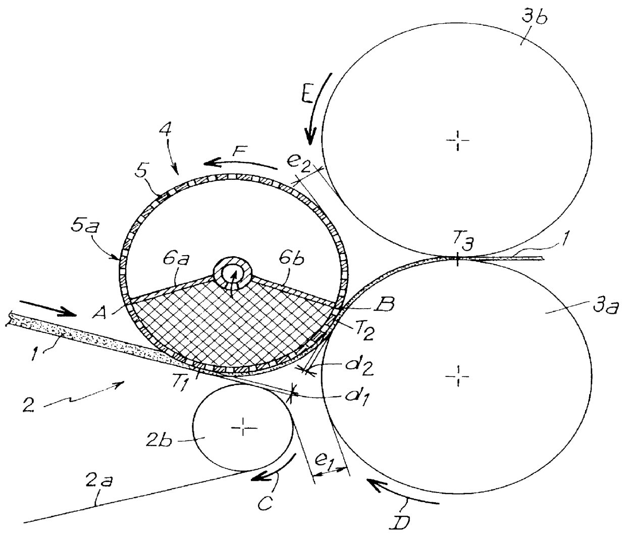 Suction cylinder which transfers fiber web from a conveyer belt to two calendering cylinders