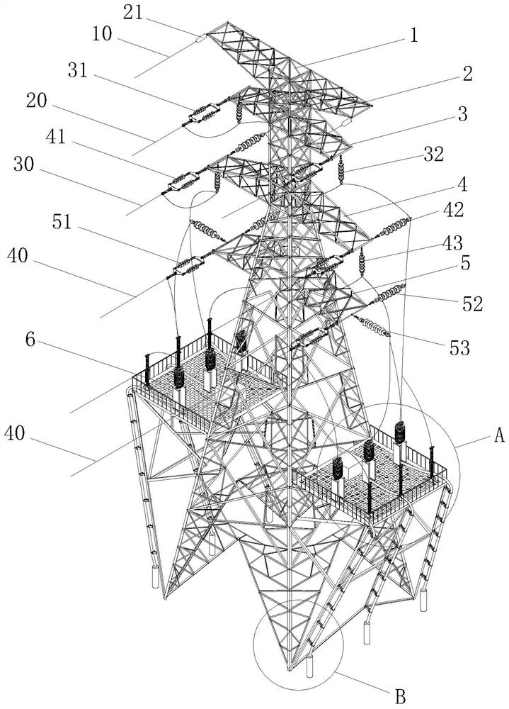 Double-loop cable terminal tower with switching bearing platform support structure