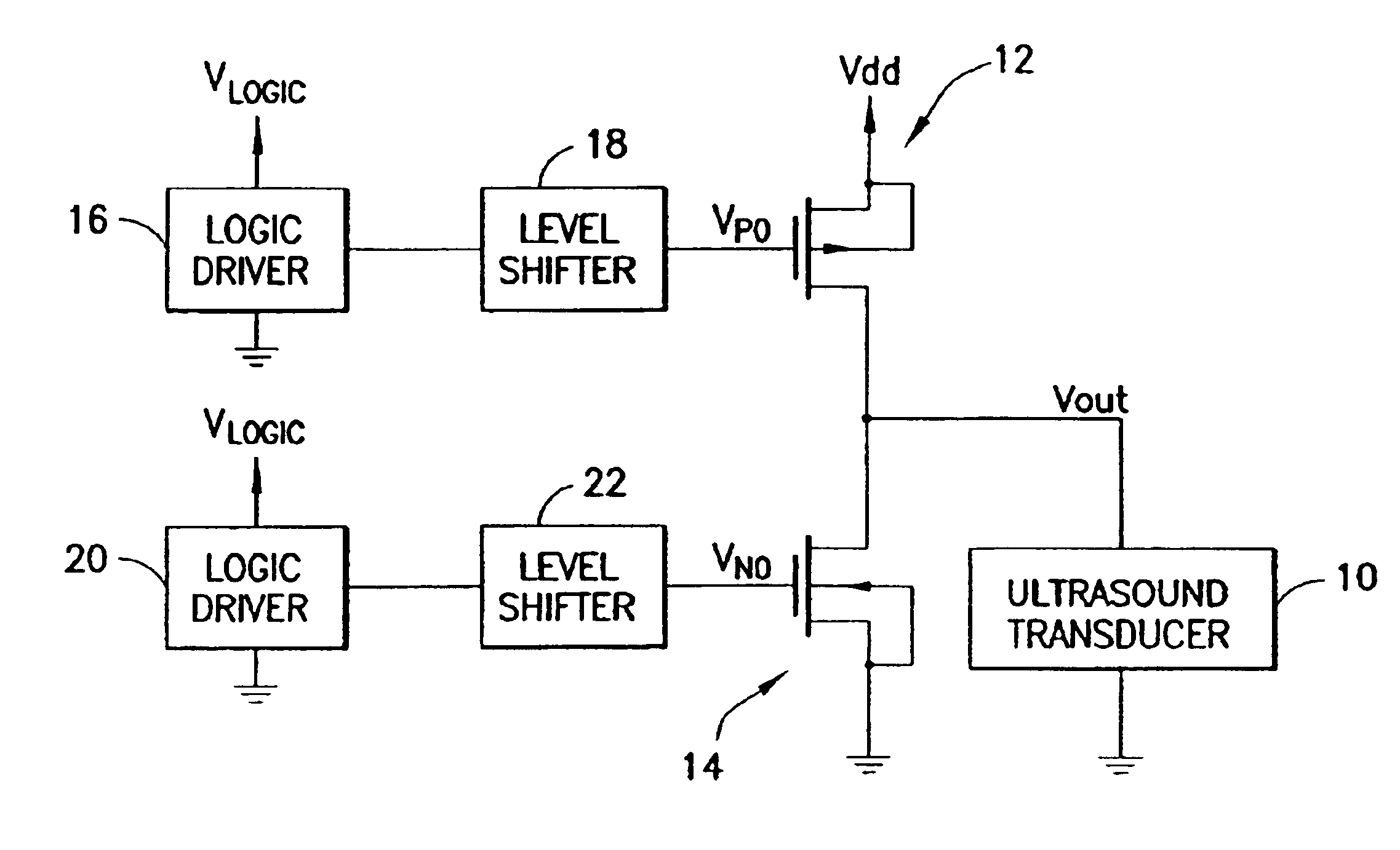 Ultrasound transmitter with voltage-controlled rise/fall time variation