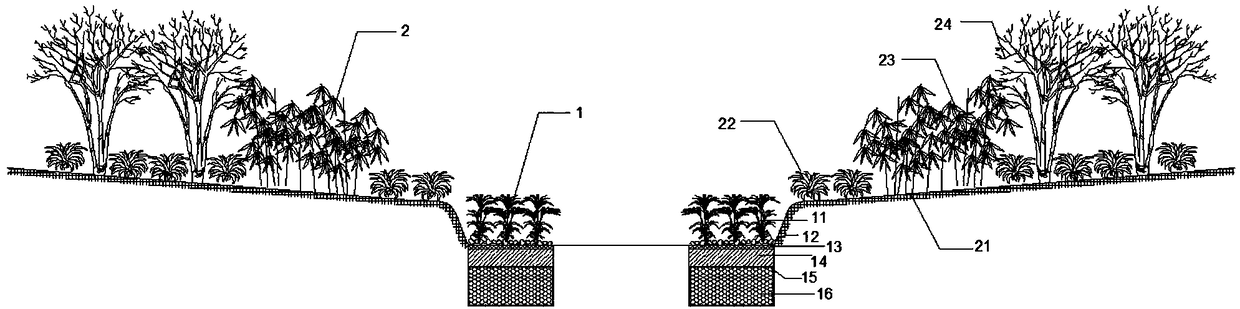 Green corridor type regulating and storing system of wandering river in arid area