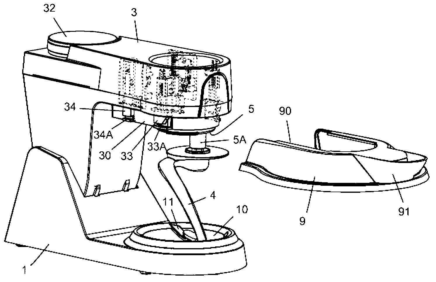 Electric household food processor comprising a base supporting a bowl and an arm solidly connected to the base