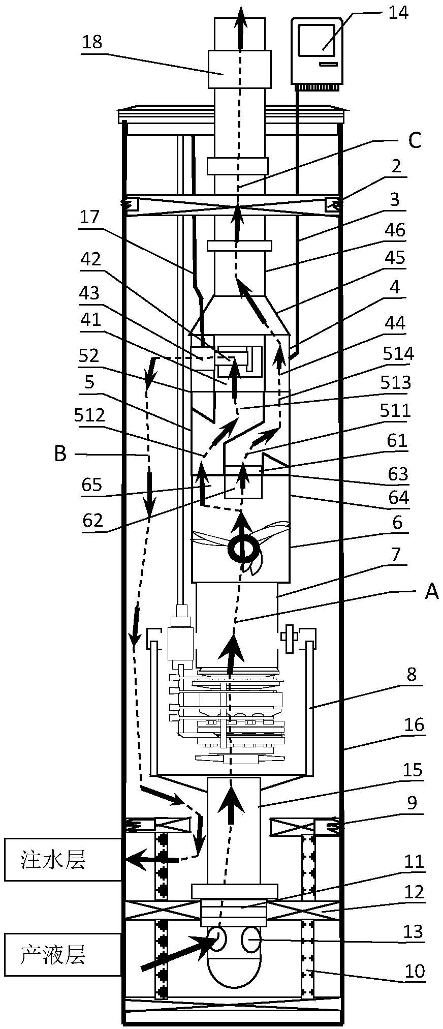 Downhole oil and water separation pipe column