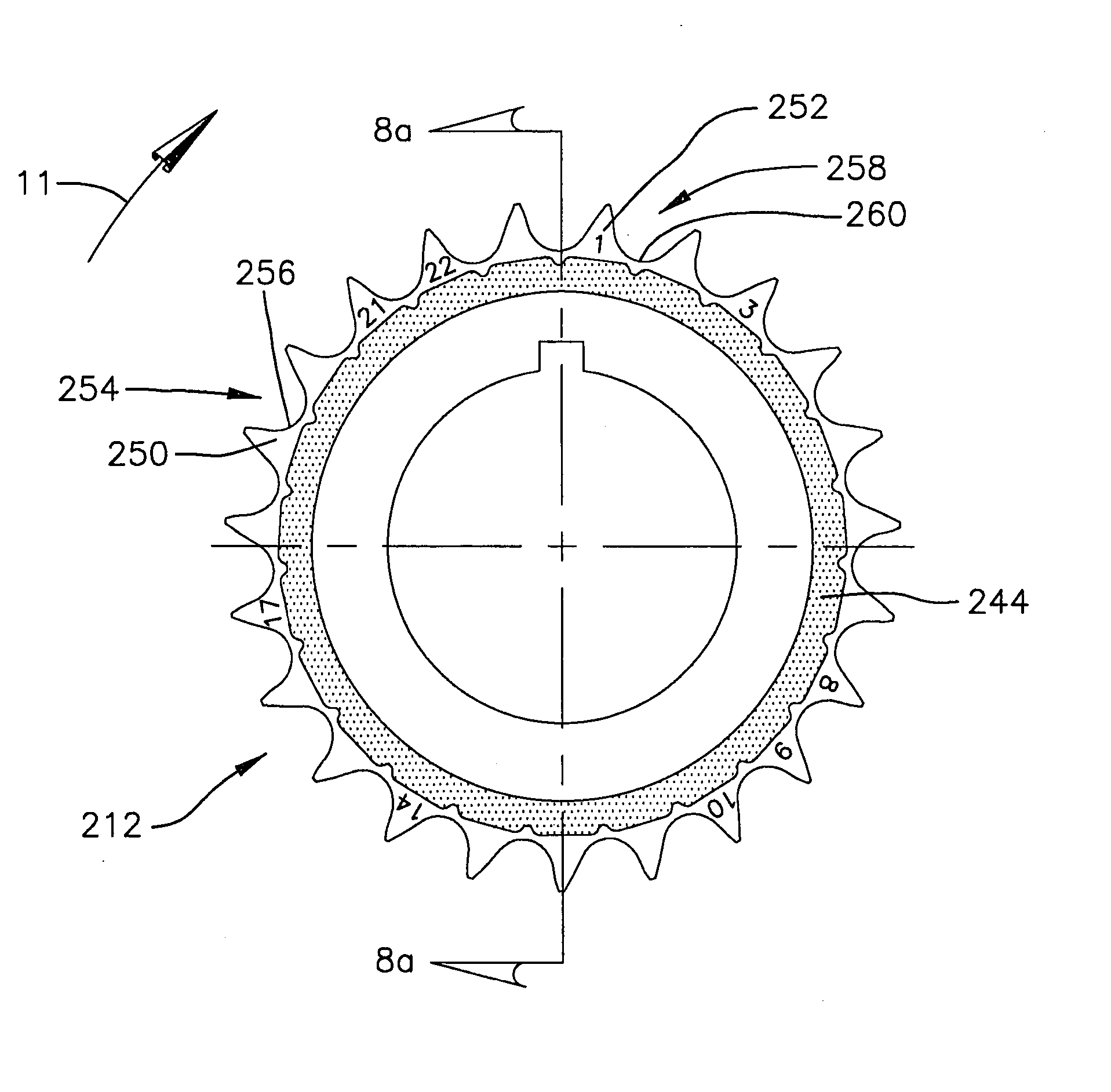 Roller chain sprocket with resilient cushion rings and root relief