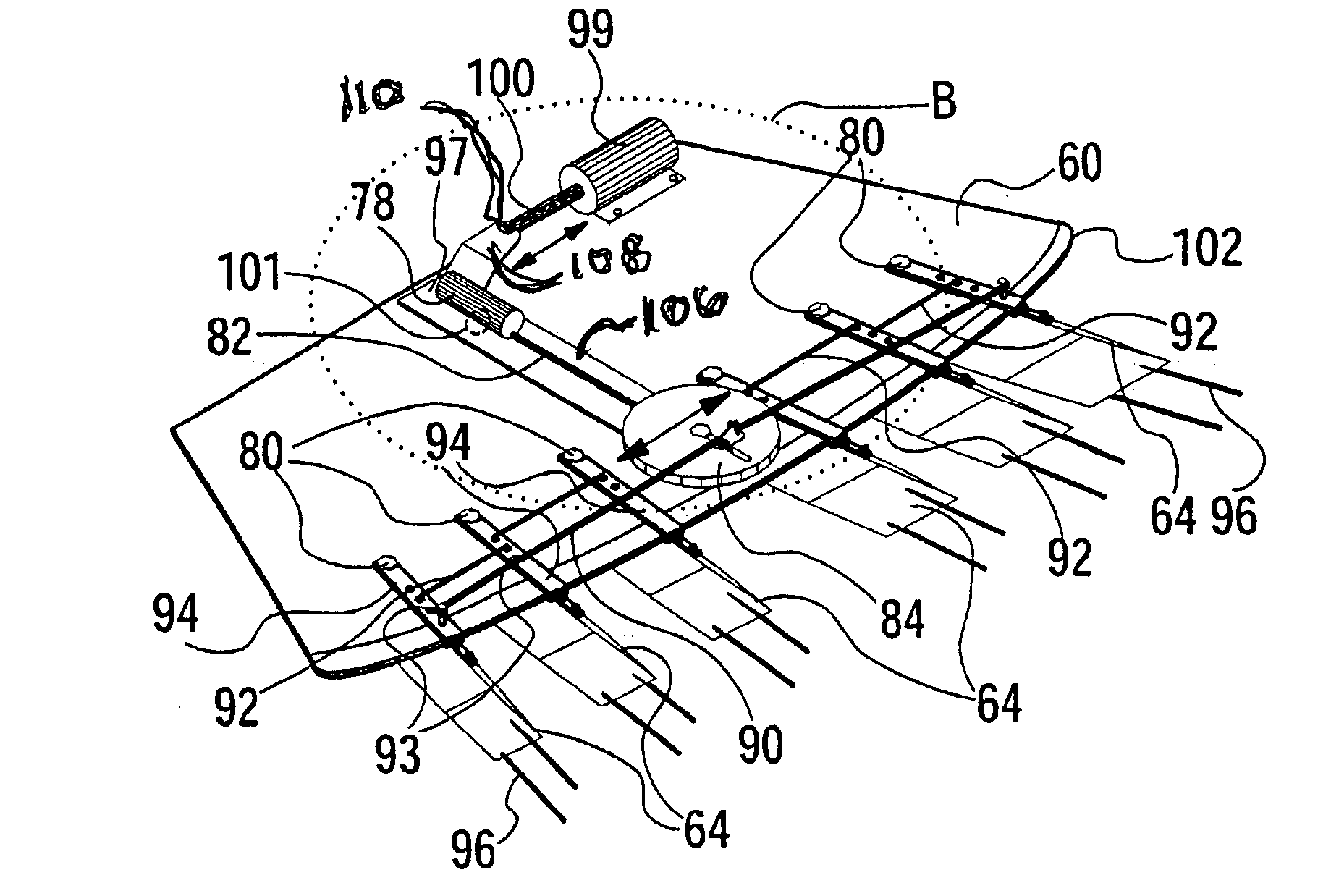 Distributing device having continuously moving guide vanes