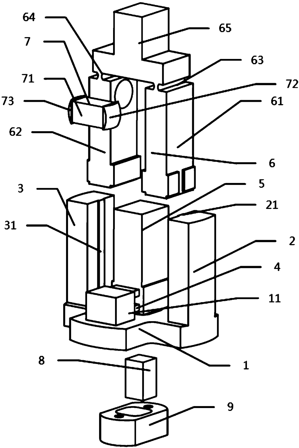 Stepping actuator device driven by two piezoelectric ceramics and comprising E-type rail, and method