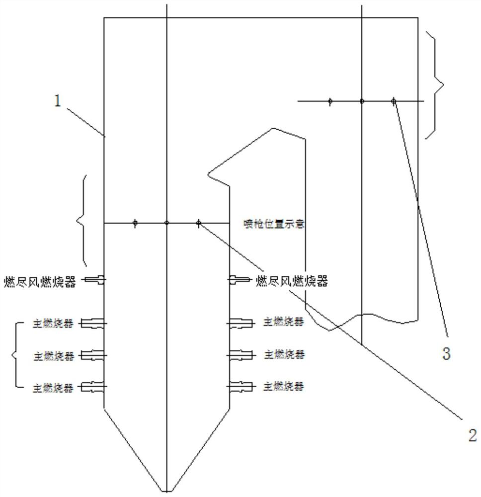 Coal-fired boiler with reduced nitric oxide spraying device