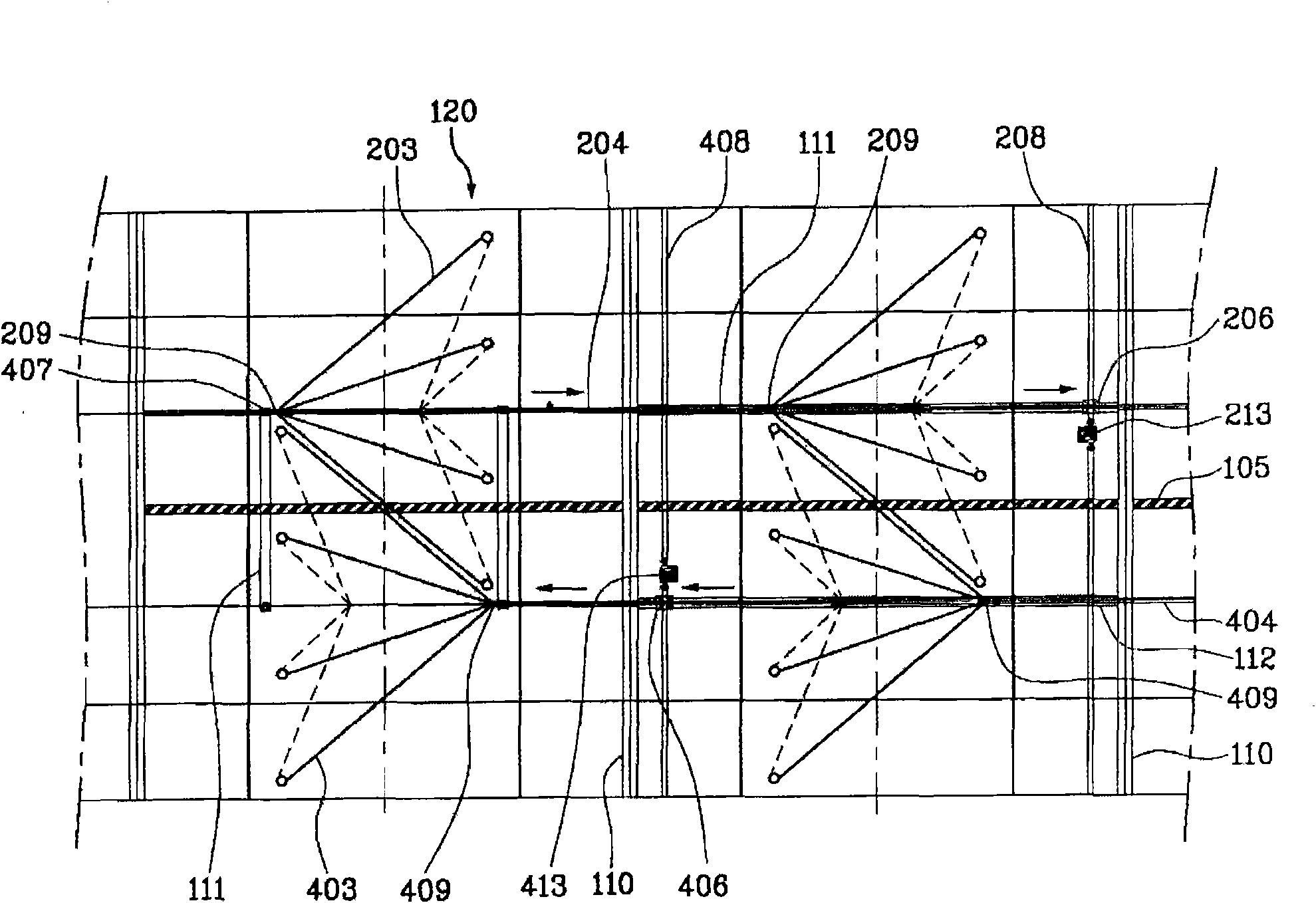 Equipment for opening and closing ventilating windows of greenhouse roof in two directions