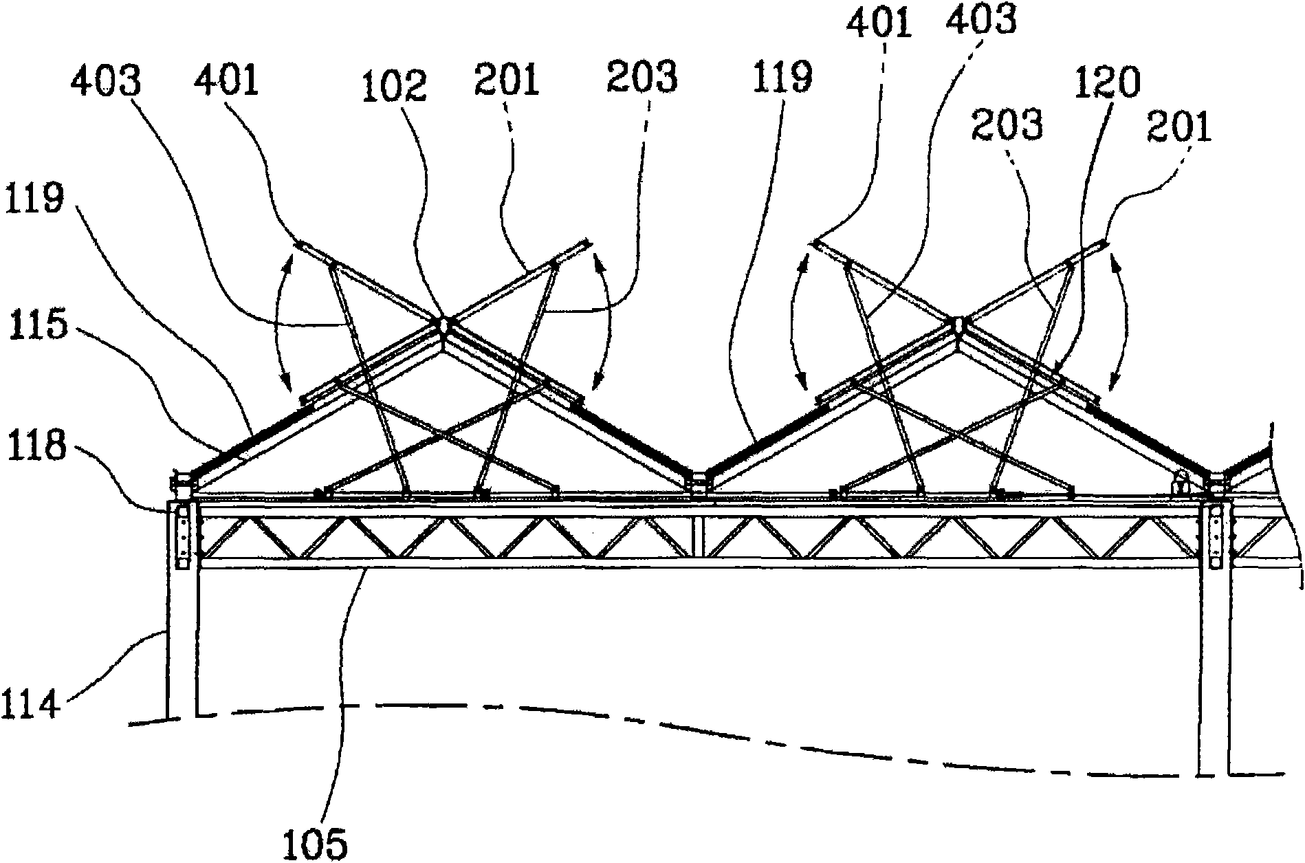 Equipment for opening and closing ventilating windows of greenhouse roof in two directions