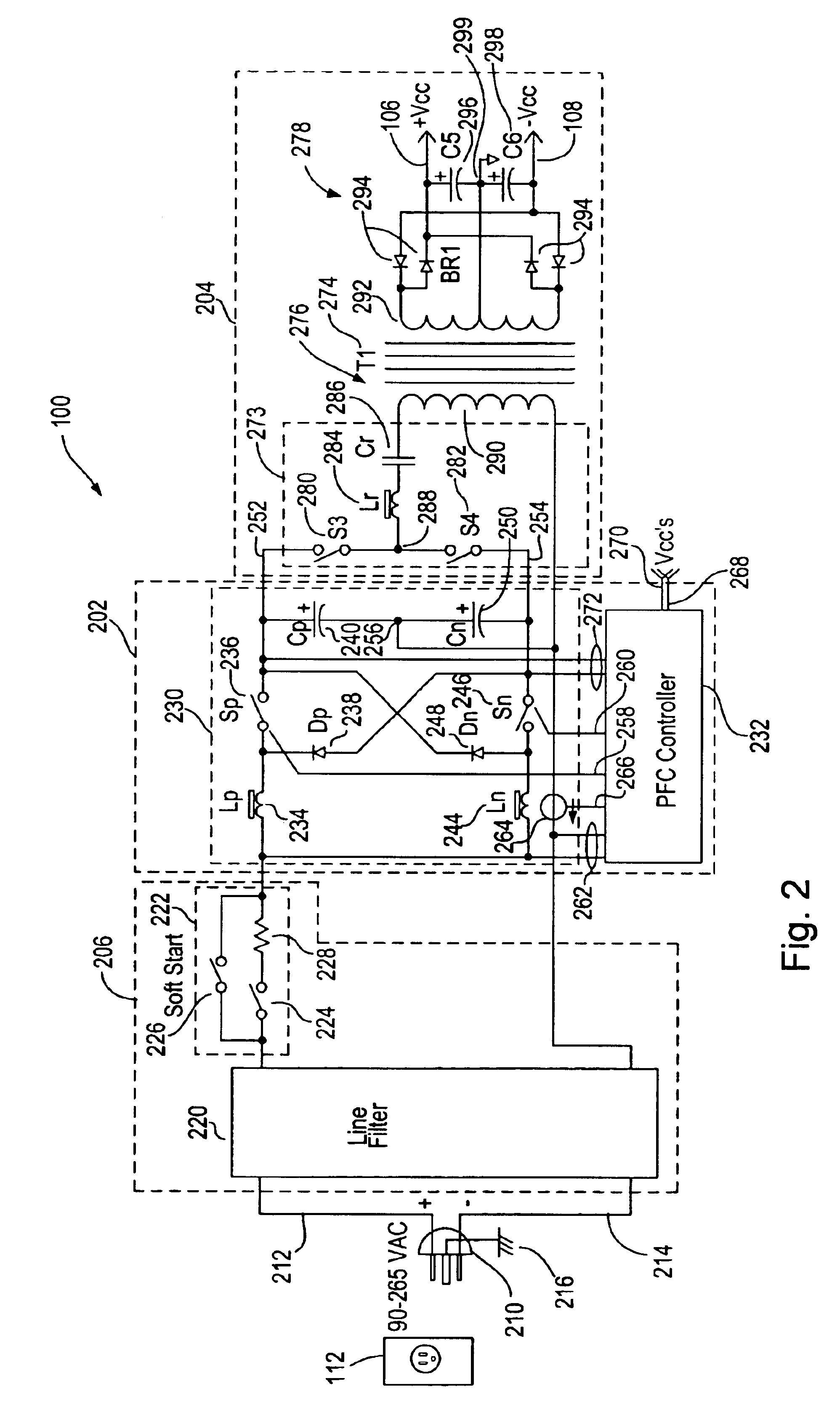 Opposed current converter power factor correcting power supply