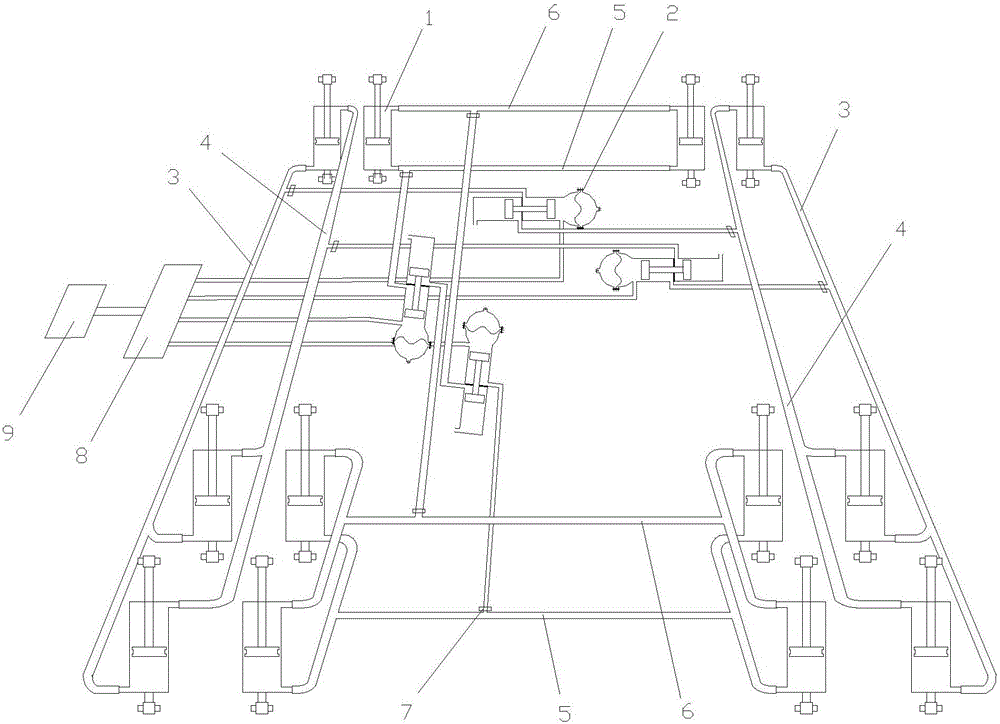 Hydraulic interconnected suspension system for preventing pitching and rolling from crossing, lifting and twisting