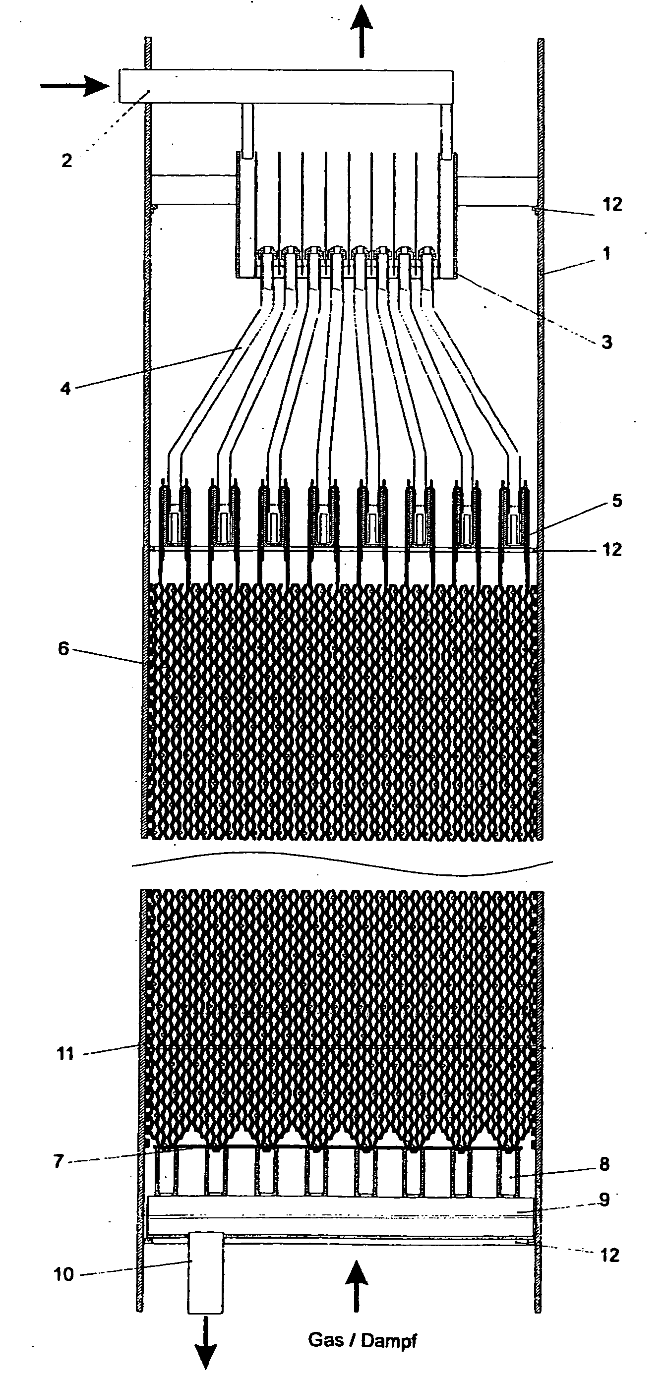 Device for material and/or energy exchange in a wash column