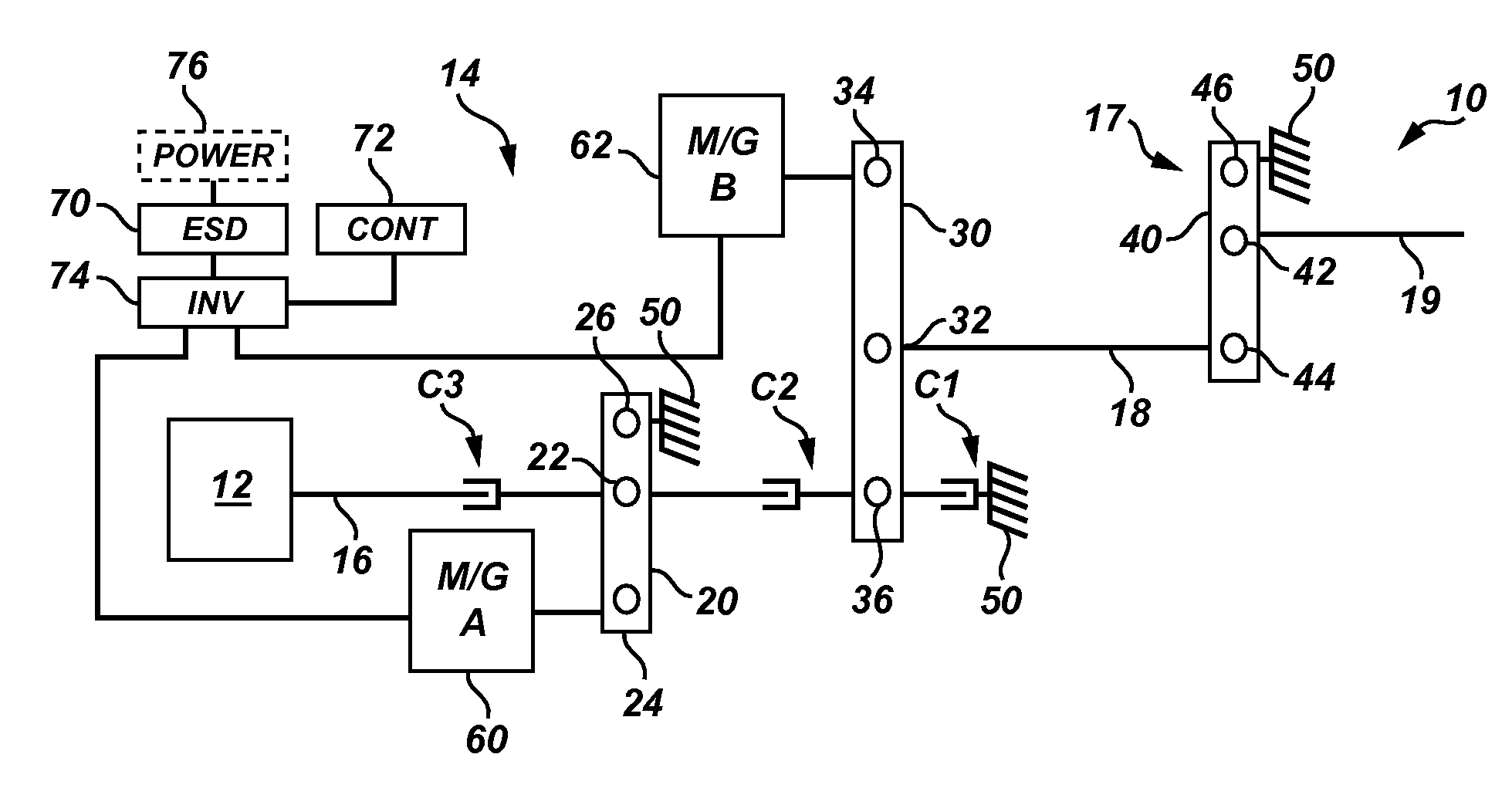 Output-split electrically-variable transmission with two planetary gear sets and two motor/generators