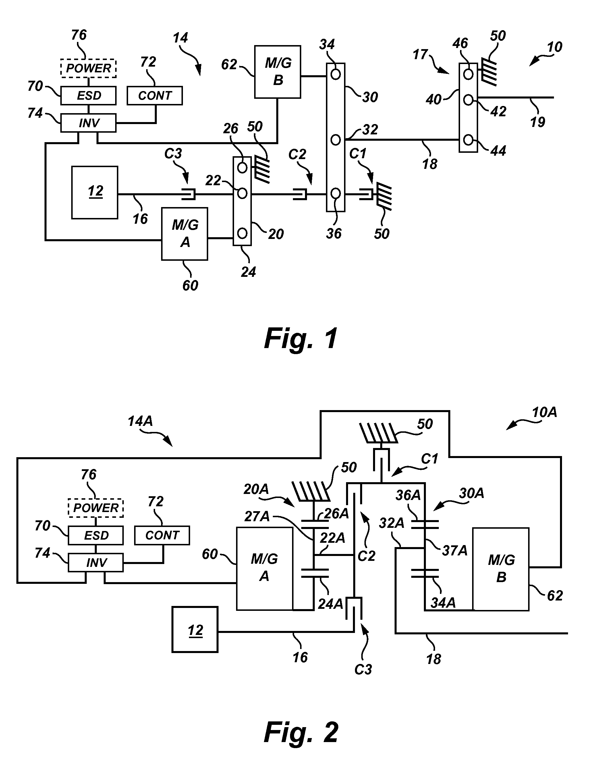 Output-split electrically-variable transmission with two planetary gear sets and two motor/generators