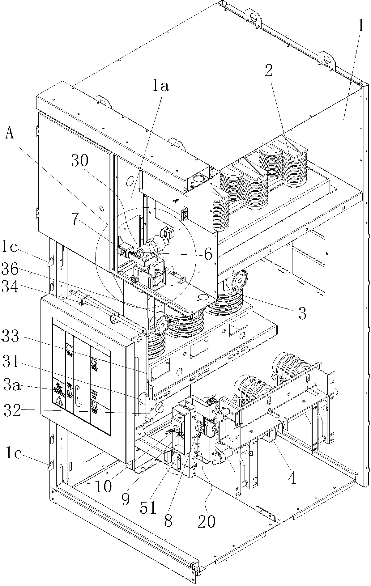 Switch cabinet equipped with isolating switches, vacuum circuit breakers and grounding switches