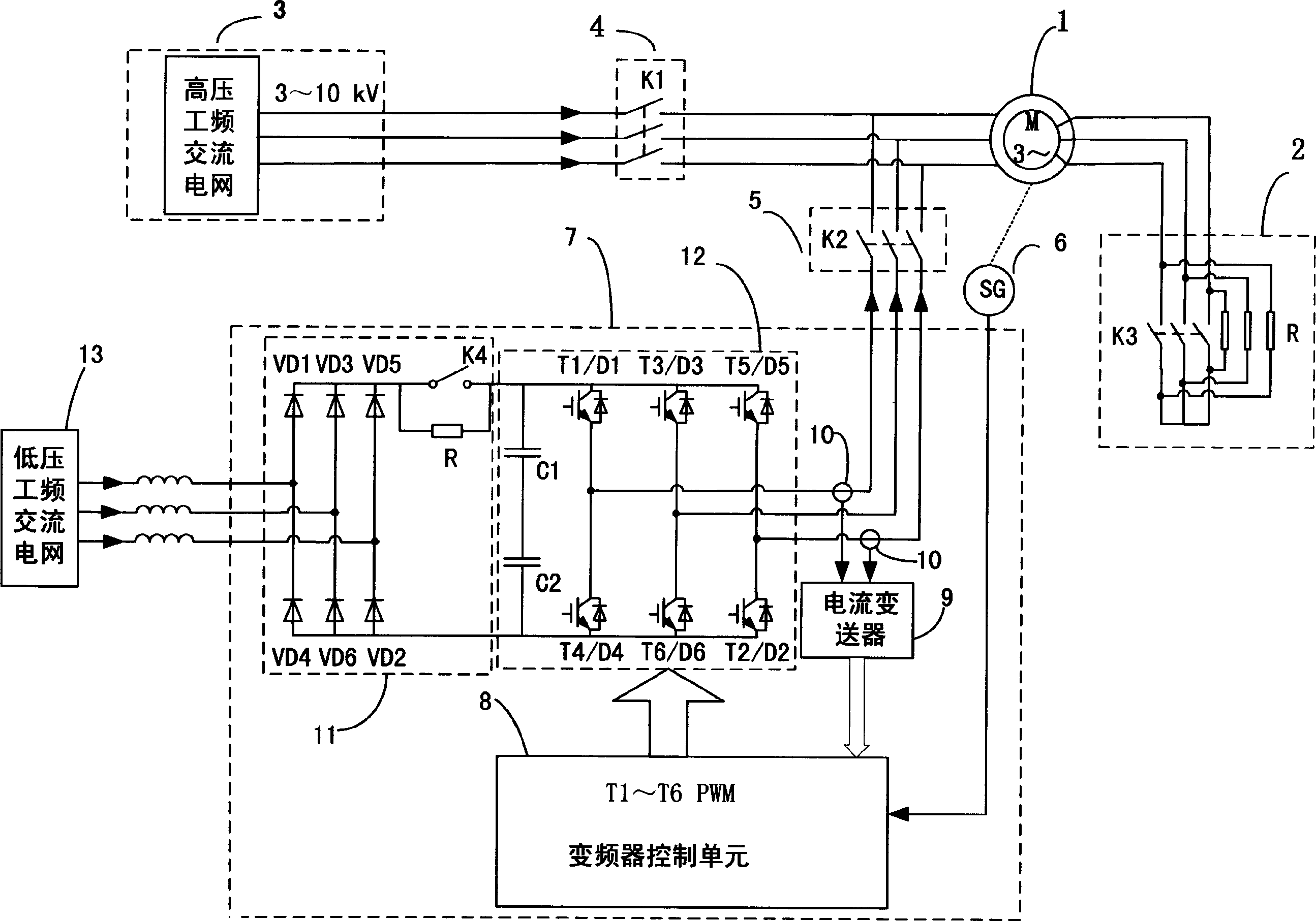 Low-voltage low-frequency transformer of high-voltage wound asynchronous motor for drining mine hoister