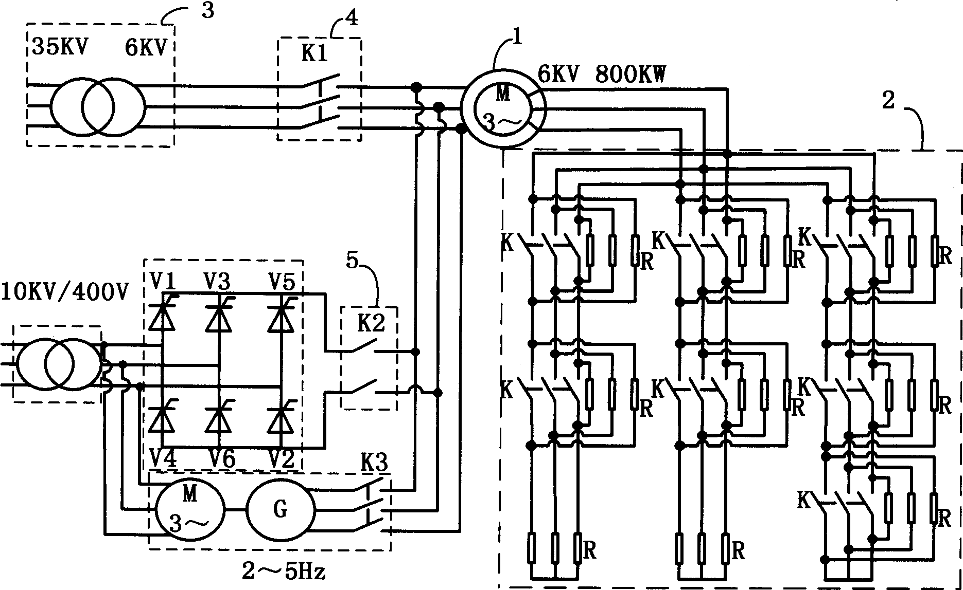 Low-voltage low-frequency transformer of high-voltage wound asynchronous motor for drining mine hoister